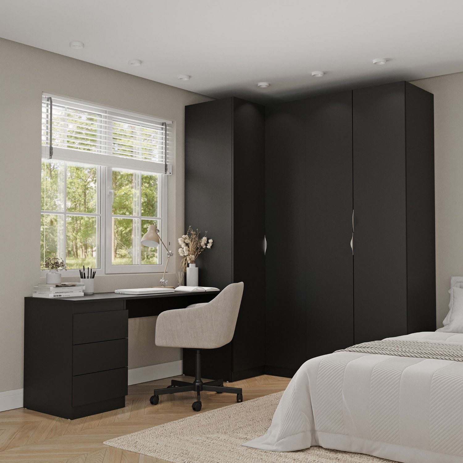 Guarda Roupa Modulado 4 Portas 3 Peças Com Escrivaninha Hera Cabecasa Madeiramadeira Preto/cromado