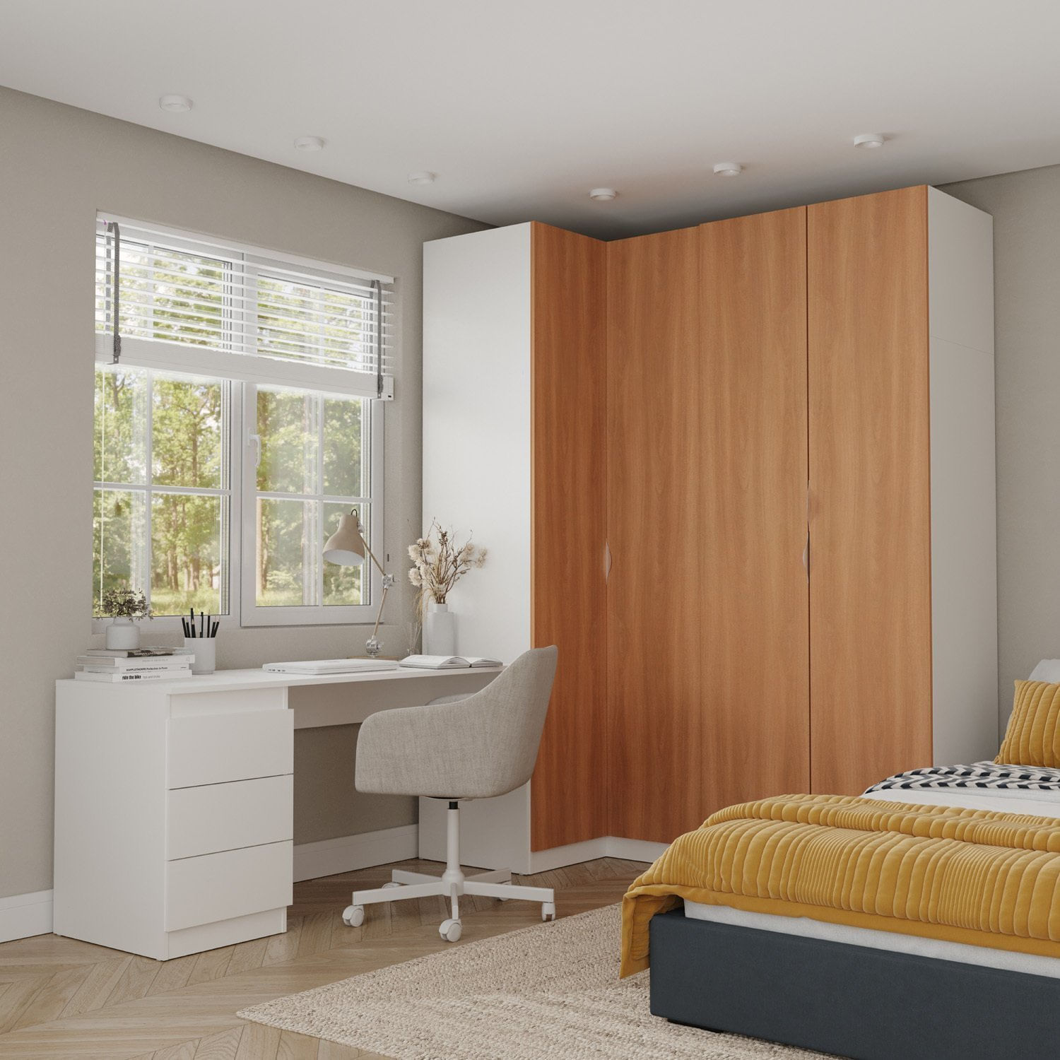 Guarda Roupa Modulado 4 Portas 3 Peças Com Escrivaninha Hera Cabecasa Madeiramadeira Branco Geada/louro/cromado