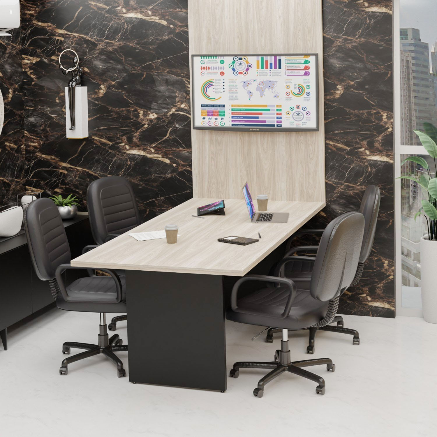 Mesa De Reunião Para Escritório Com Painel De Tv 200x100cm Carvalho