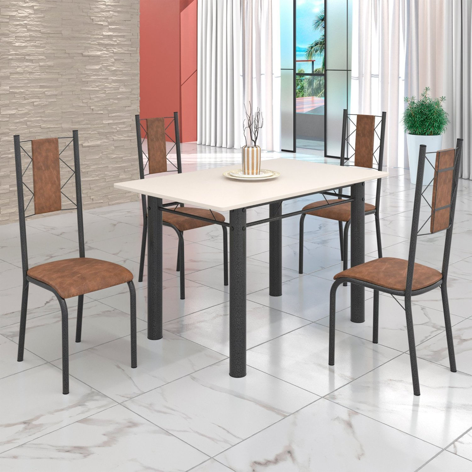 Conjunto Sala De Jantar Bahia Mesa Tubo 120x75cm Tampo Madeira Com 4 Cadeiras Prata Mart/marrom/off White