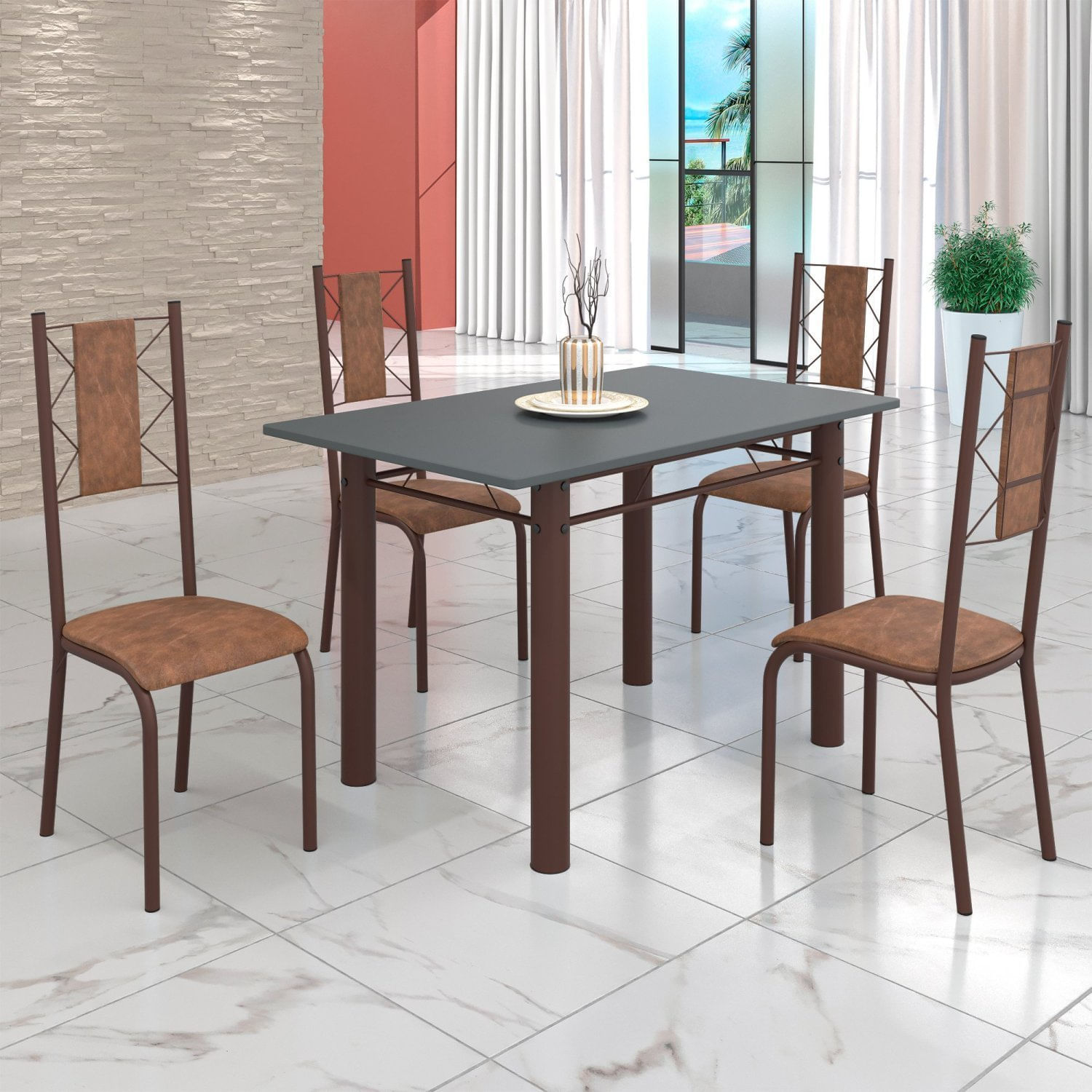 Conjunto Sala De Jantar Bahia Mesa Tubo 120x75cm Tampo Pedra Com 4 Cadeiras Marrom