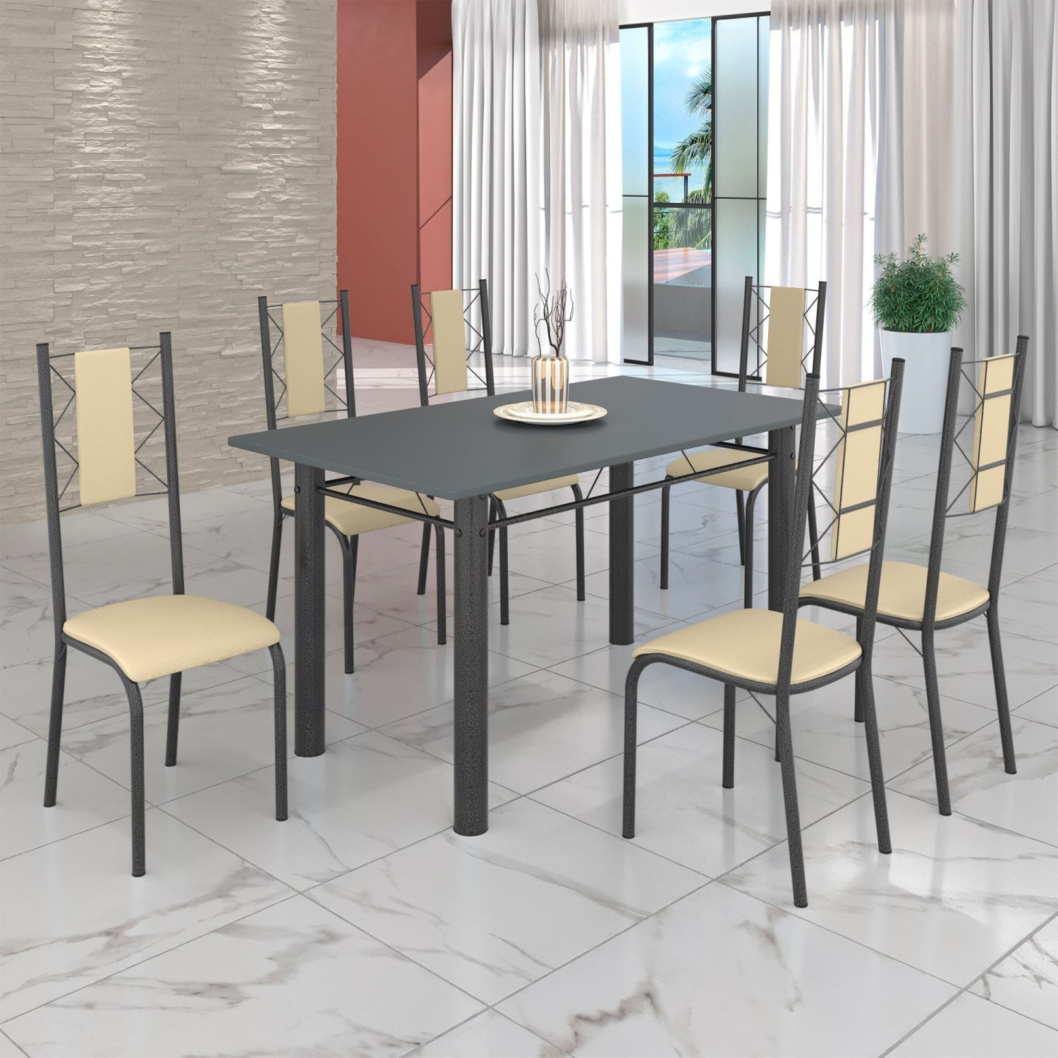 Conjunto Sala De Jantar Bahia Mesa Tubo 140x75cm Tampo Pedra Com 6 Cadeiras Prata Mart/creme