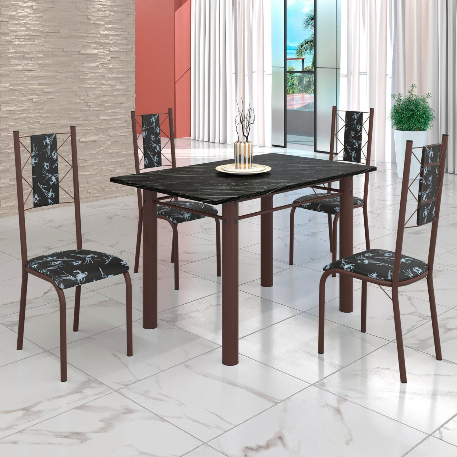 Conjunto Sala De Jantar Bahia Mesa Tubo 120x75cm Tampo Pedra Ardósia Indiana Com 4 Cadeiras Marrom/preto Floral