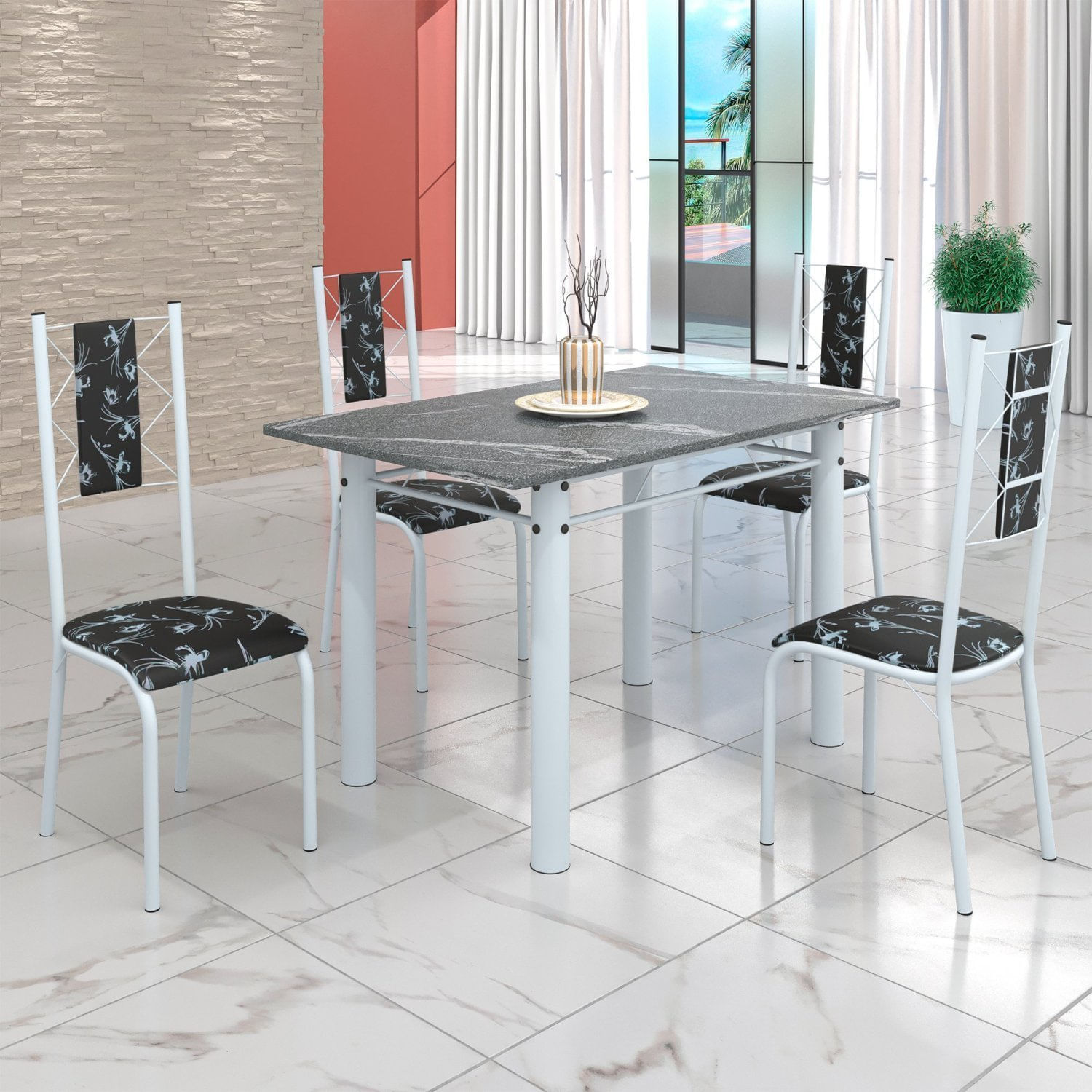 Conjunto Sala De Jantar Bahia Mesa Tubo 120x75cm Tampo Pedra Granito Topázio Com 4 Cadeiras Branco/preto Floral