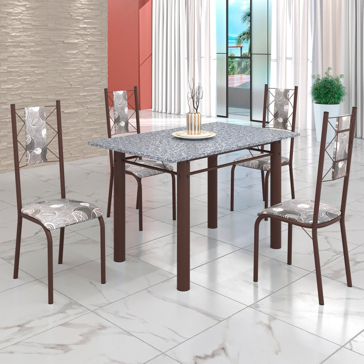 Conjunto Sala De Jantar Bahia Mesa Tubo 120x75cm Tampo Pedra Granito Ocre Com 4 Cadeiras Paraopeba/marrom