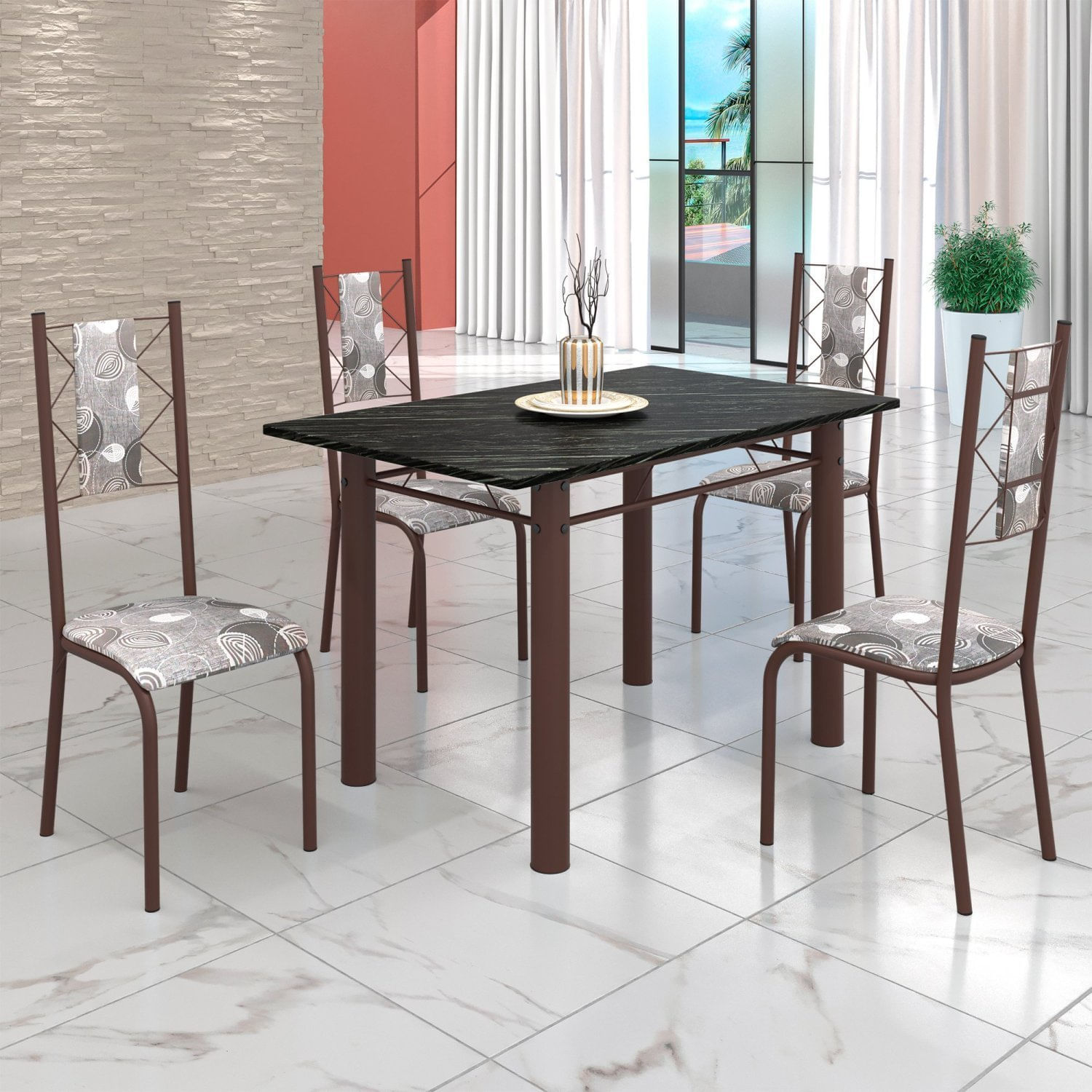 Conjunto Sala De Jantar Bahia Mesa Tubo 120x75cm Tampo Pedra Ardósia Indiana Com 4 Cadeiras Marrom/paraopeba