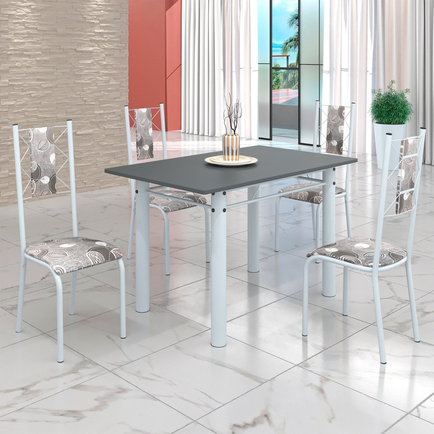 Conjunto Sala De Jantar Bahia Mesa Tubo 120x75cm Tampo Madeira Com 4 Cadeiras Branco/paraopeba/grafite