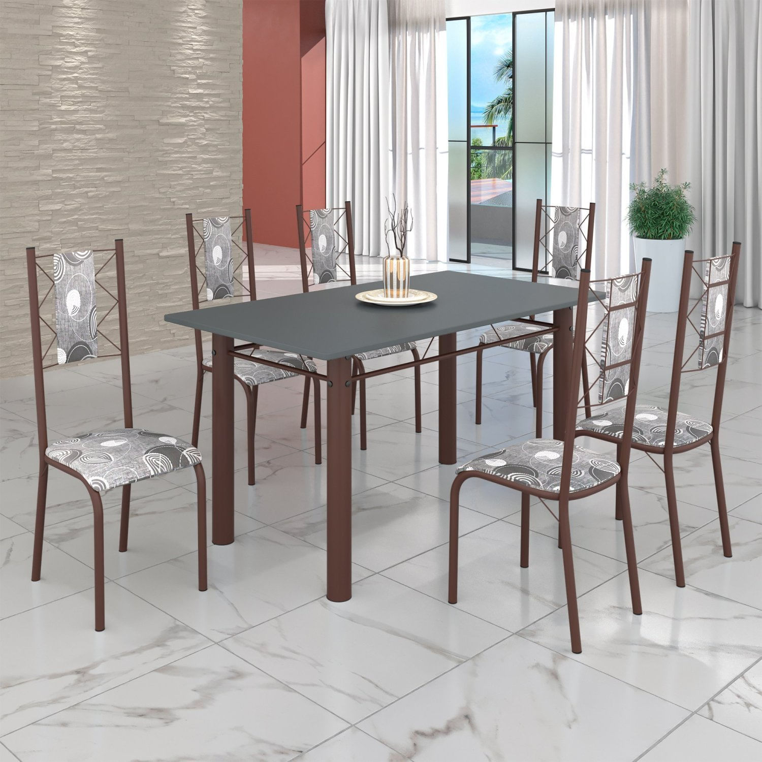 Conjunto Sala De Jantar Bahia Mesa Tubo 140x75cm Tampo Pedra Com 6 Cadeiras Marrom/paraopeba