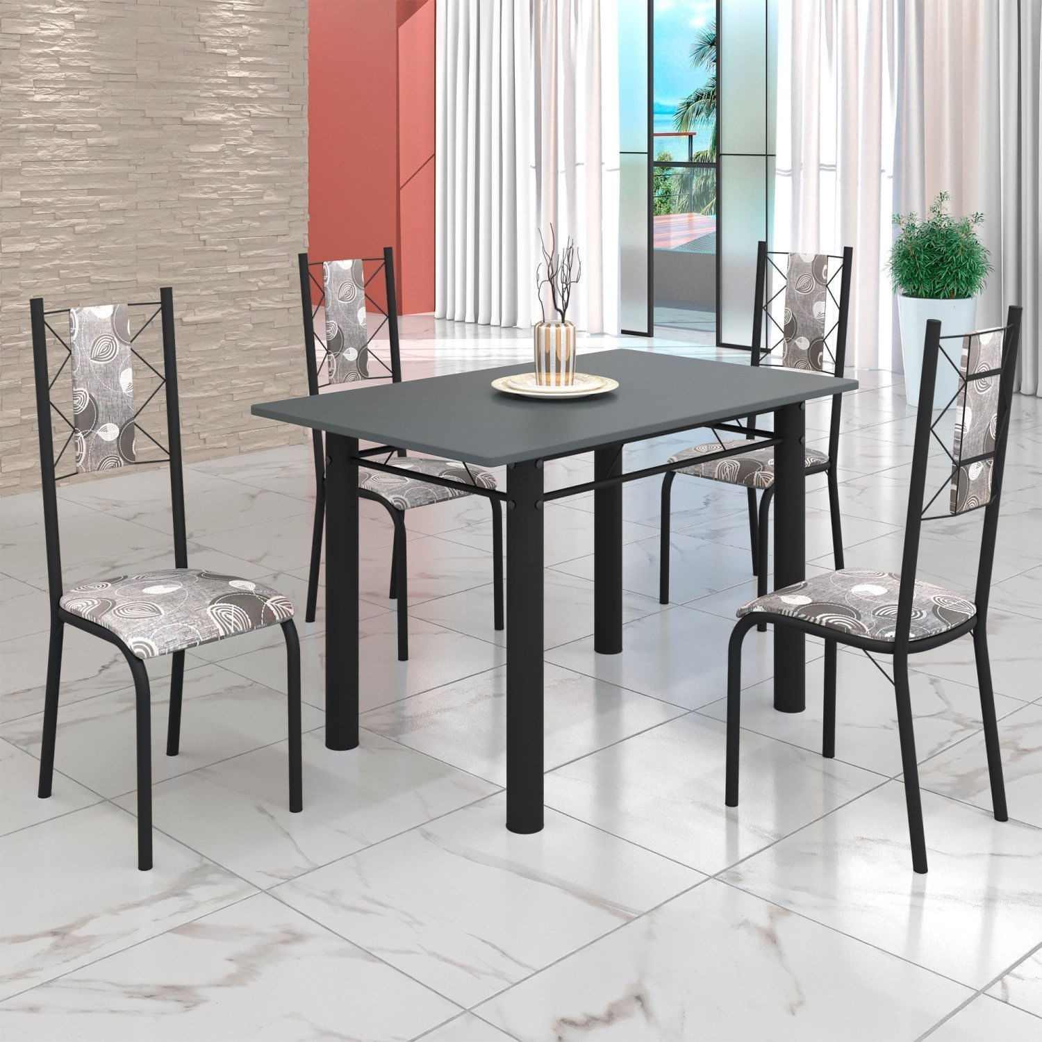 Conjunto Sala De Jantar Bahia Mesa Tubo 120x75cm Tampo Pedra Com 4 Cadeiras Preto/paraopeba