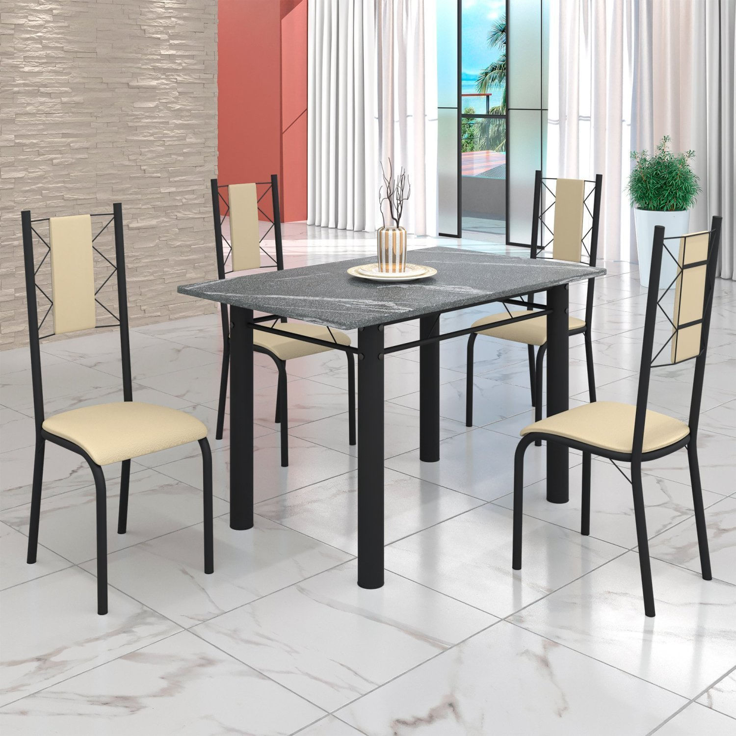 Conjunto Sala De Jantar Bahia Mesa Tubo 120x75cm Tampo Pedra Granito Topázio Com 4 Cadeiras Preto/creme