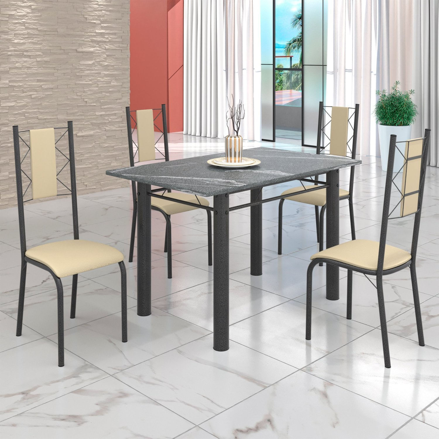 Conjunto Sala De Jantar Bahia Mesa Tubo 120x75cm Tampo Pedra Granito Topázio Com 4 Cadeiras Prata Mart/creme