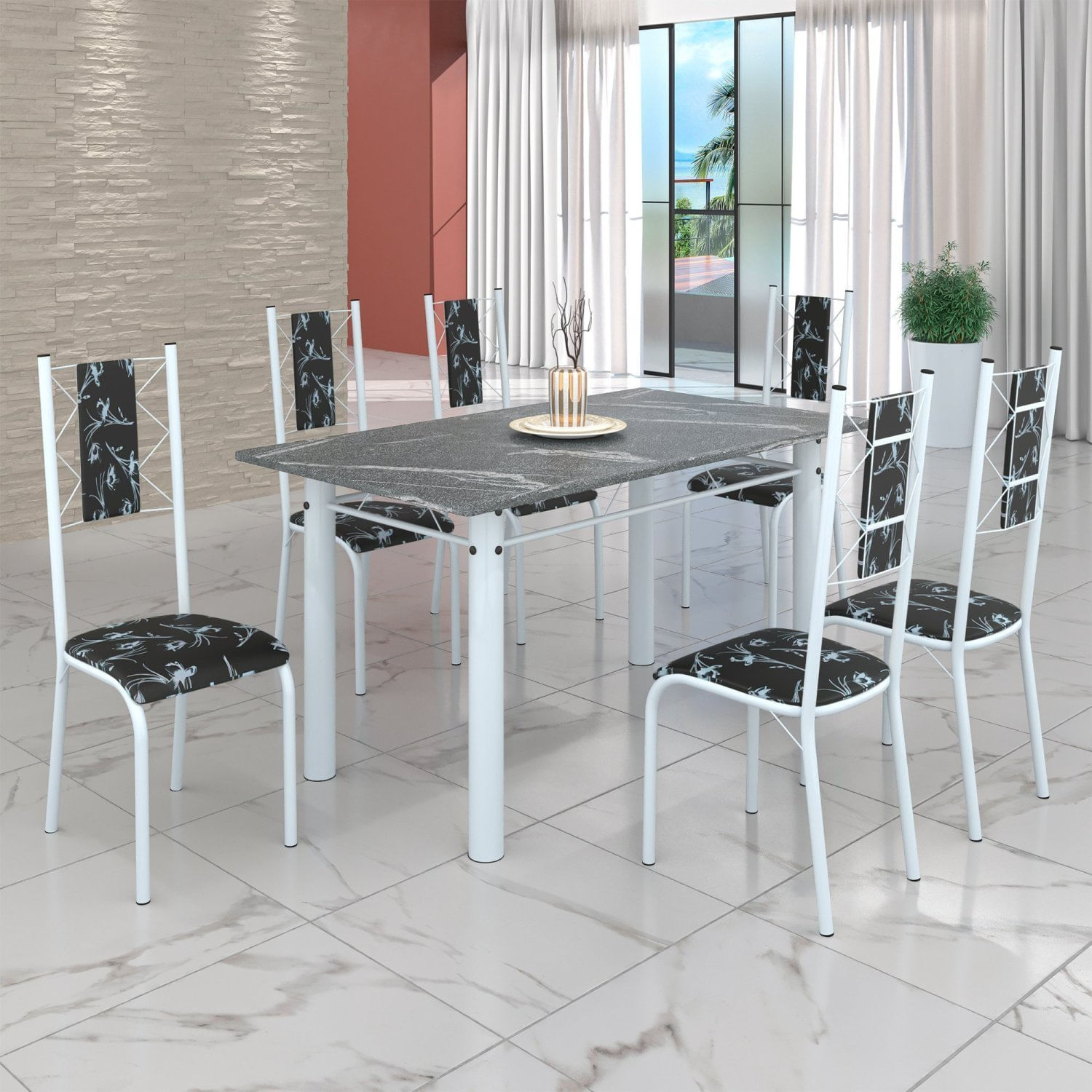 Conjunto Sala De Jantar Bahia Mesa Tubo 140x75cm Tampo Pedra Granito Topázio Com 6 Cadeiras Branco/preto Floral