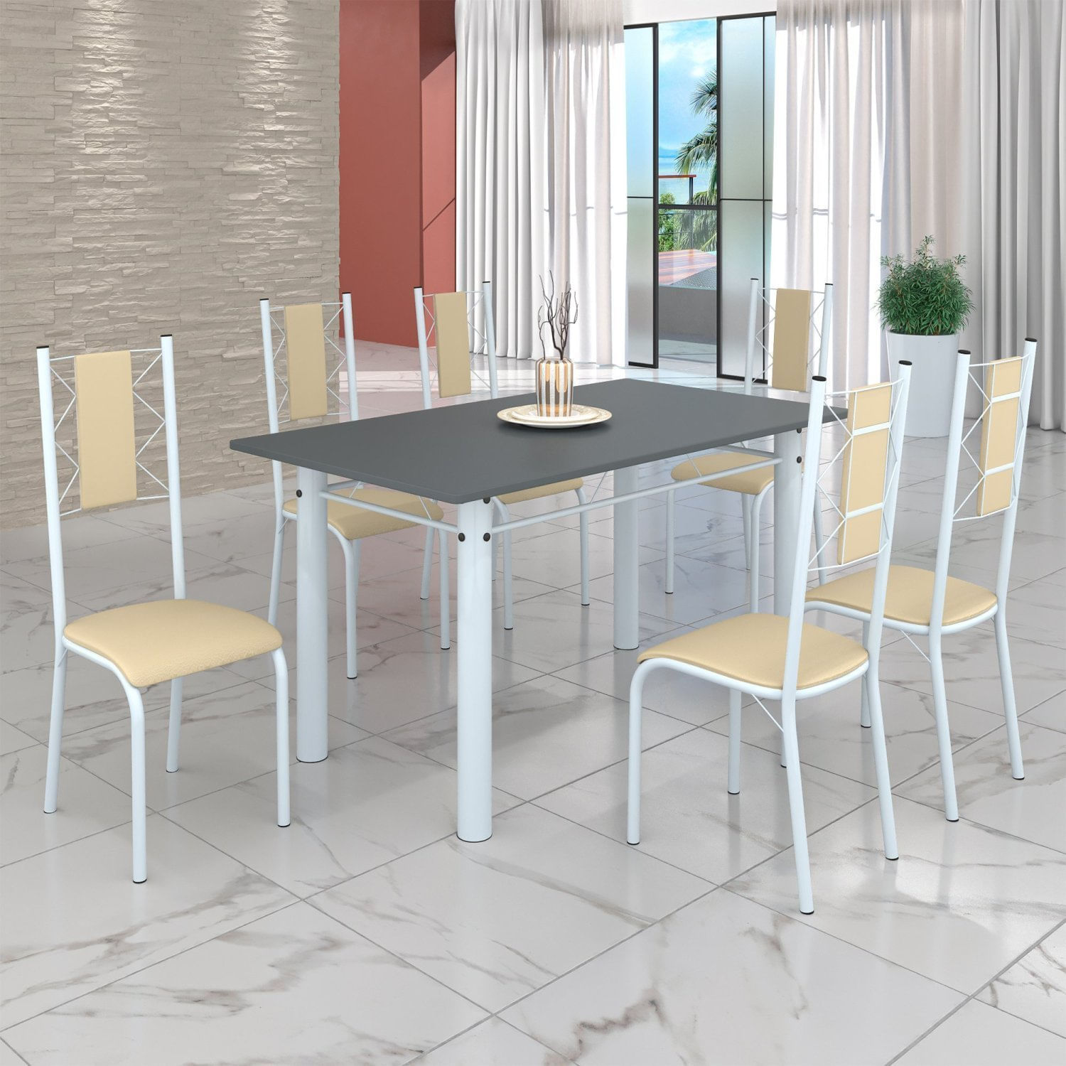 Conjunto Sala De Jantar Bahia Mesa Tubo 140x75cm Tampo Pedra Com 6 Cadeiras Branco/creme