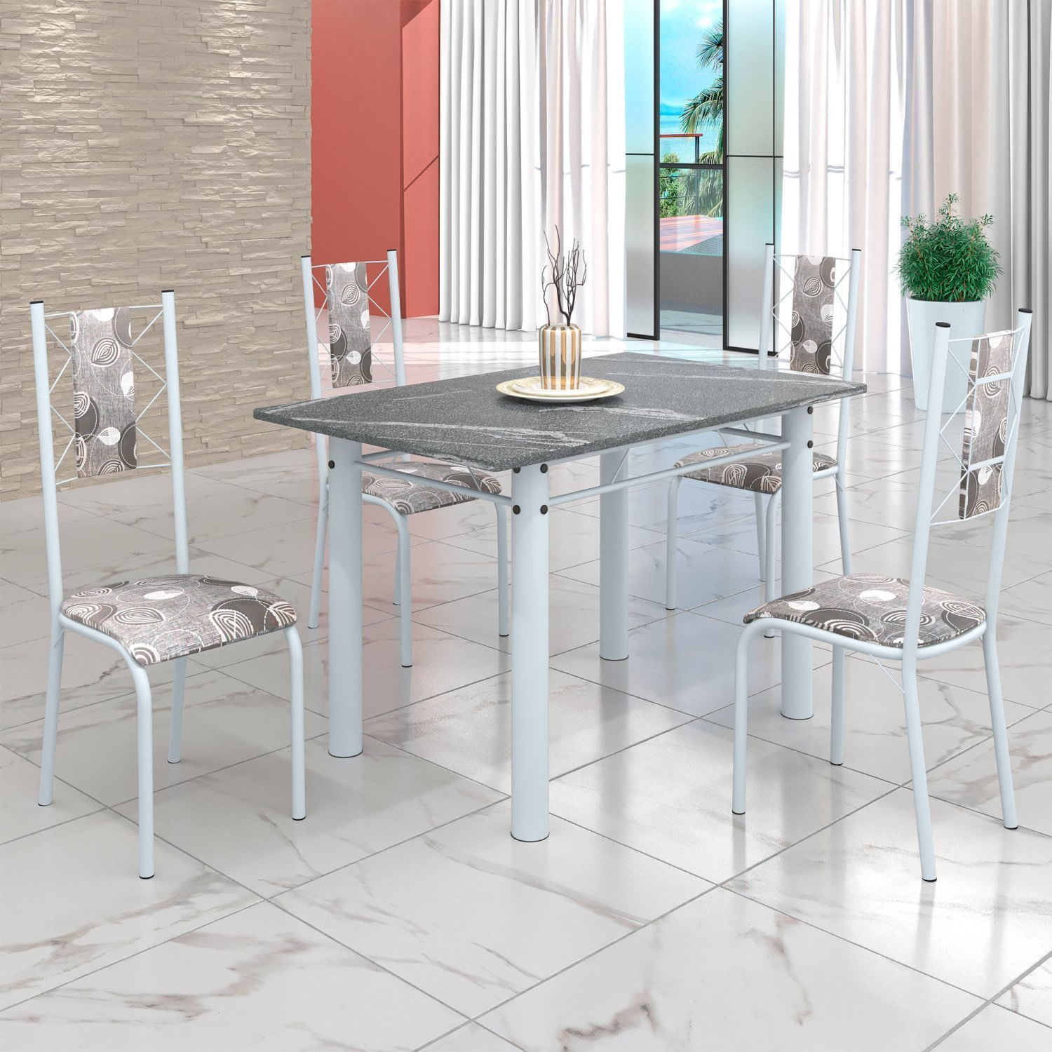 Conjunto Sala De Jantar Bahia Mesa Tubo 120x75cm Tampo Pedra Granito Topázio Com 4 Cadeiras Branco/paraopeba