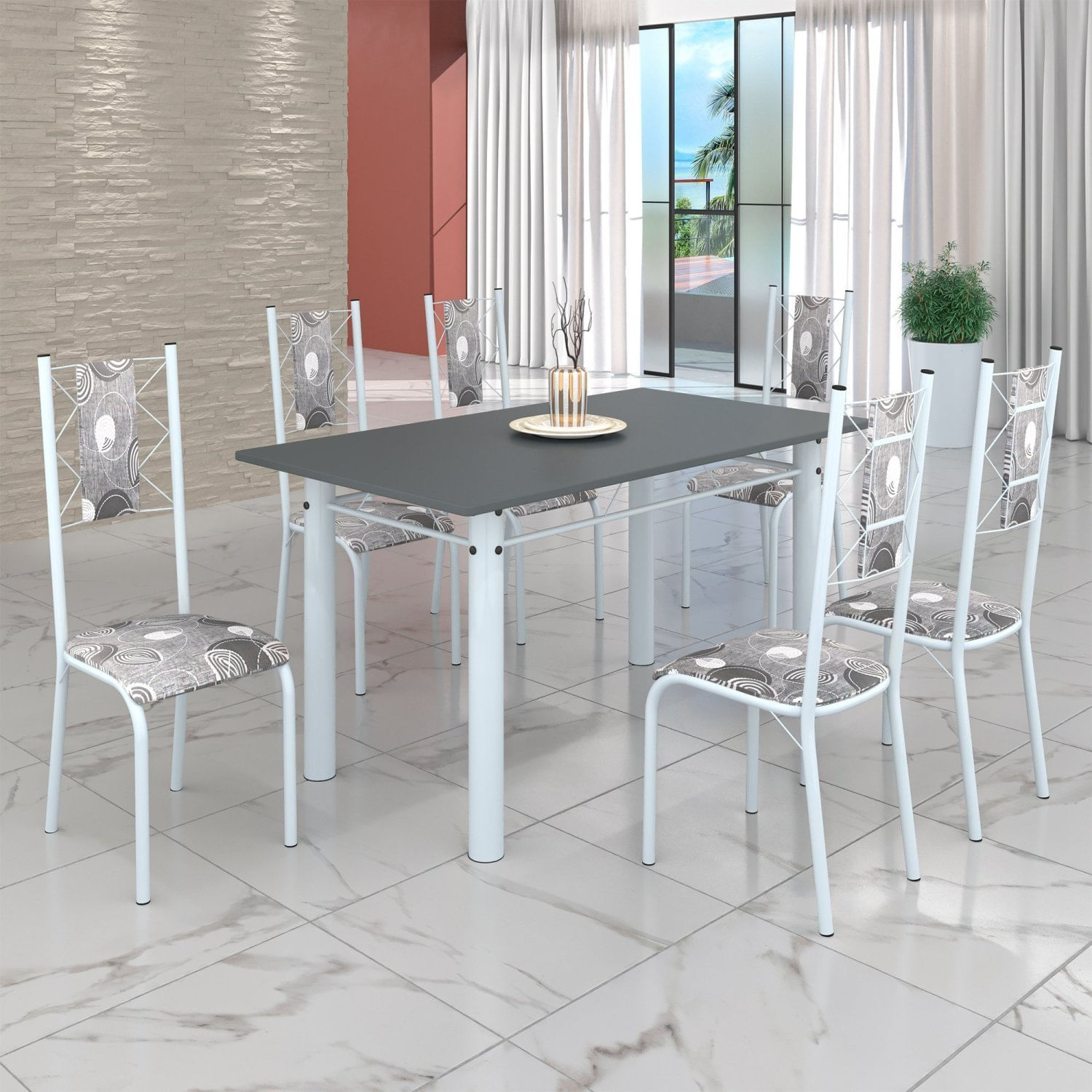 Conjunto Sala De Jantar Bahia Mesa Tubo 140x75cm Tampo Pedra Com 6 Cadeiras Branco/paraopeba