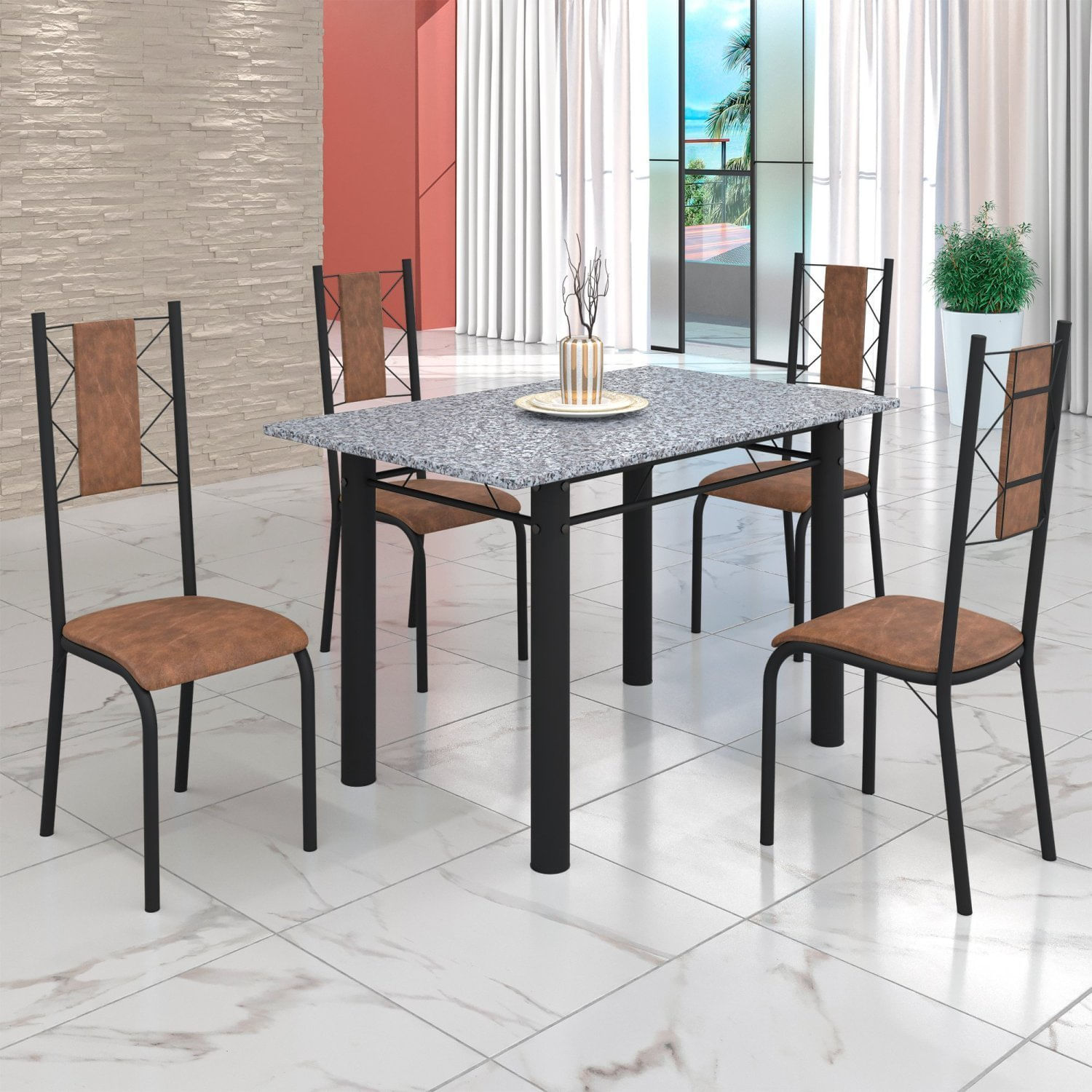 Conjunto Sala De Jantar Bahia Mesa Tubo 120x75cm Tampo Pedra Granito Ocre Com 4 Cadeiras Marrom/preto