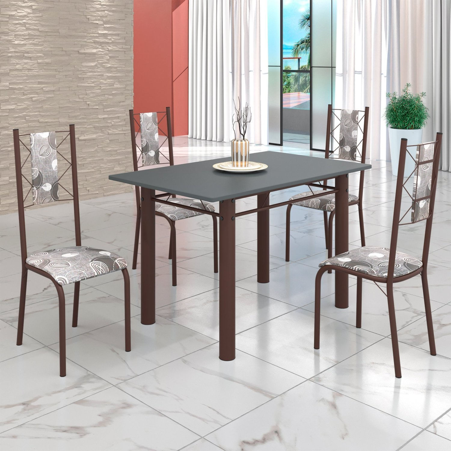 Conjunto Sala De Jantar Bahia Mesa Tubo 120x75cm Tampo Pedra Com 4 Cadeiras Marrom/paraopeba