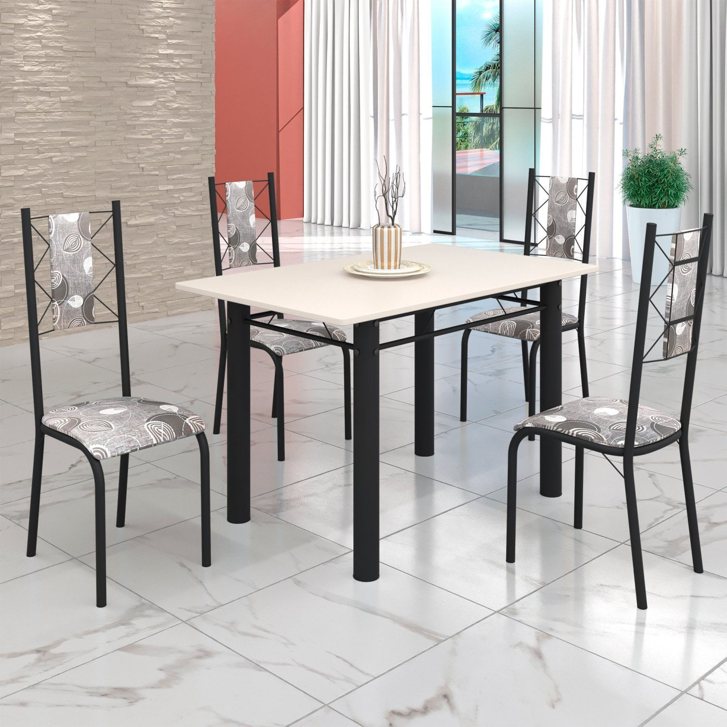 Conjunto Sala De Jantar Bahia Mesa Tubo 120x75cm Tampo Madeira Com 4 Cadeiras Preto/paraopeba/off White