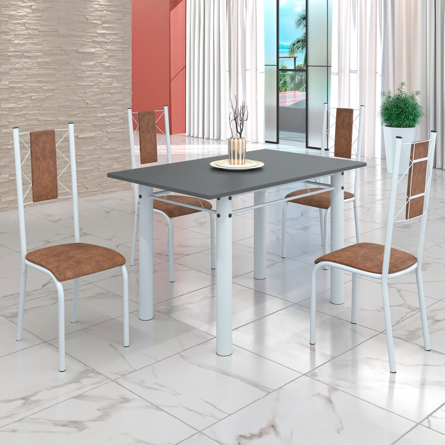 Conjunto Sala De Jantar Bahia Mesa Tubo 120x75cm Tampo Pedra Com 4 Cadeiras Branco/marrom