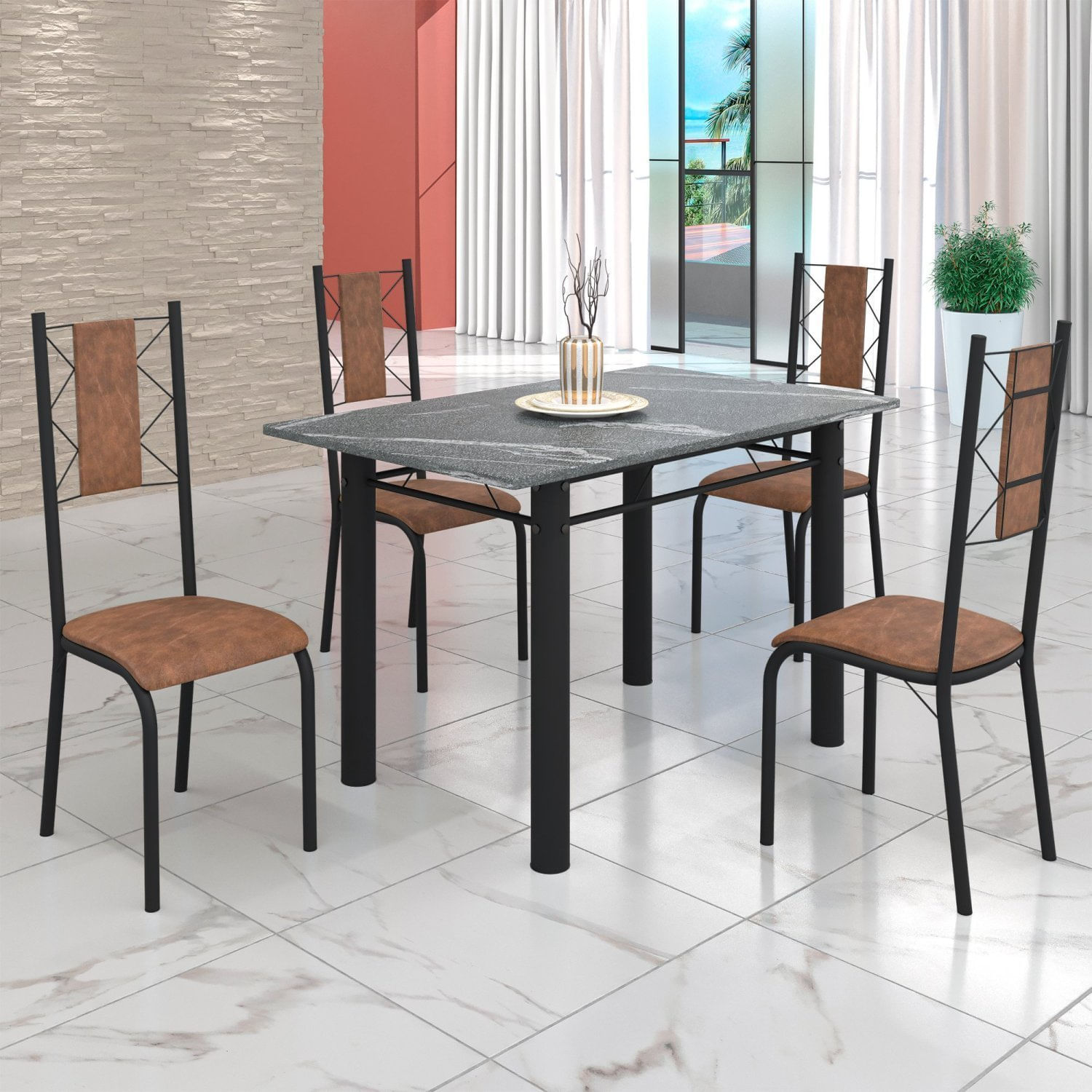 Conjunto Sala De Jantar Bahia Mesa Tubo 120x75cm Tampo Pedra Granito Topázio Com 4 Cadeiras Preto/marrom