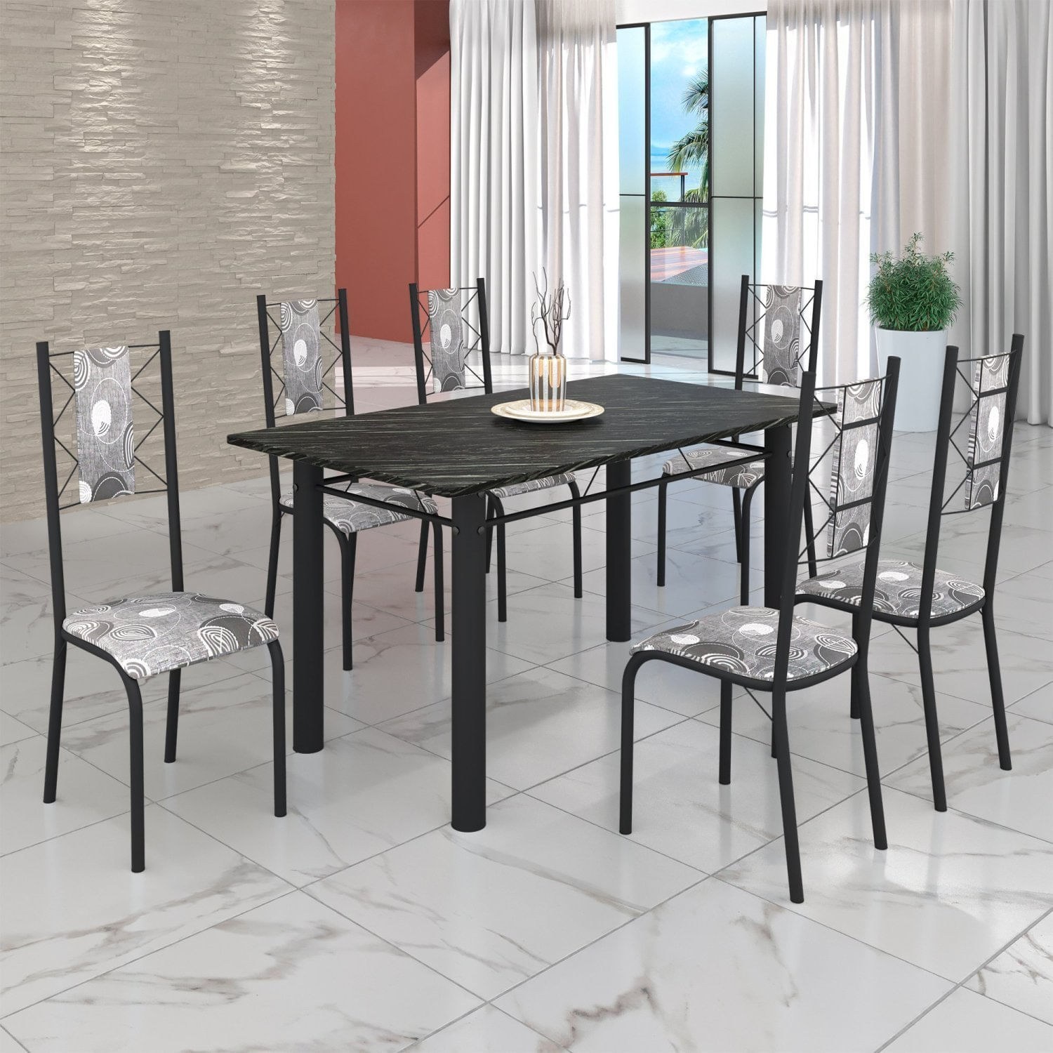 Conjunto Sala De Jantar Bahia Mesa Tubo 140x75cm Tampo Pedra Ardósia Indiana Com 6 Cadeiras Preto/paraopeba