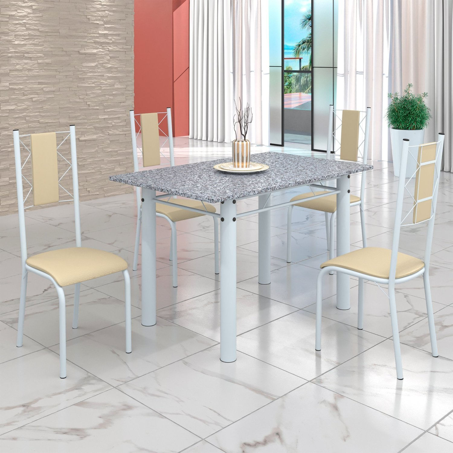 Conjunto Sala De Jantar Bahia Mesa Tubo 120x75cm Tampo Pedra Granito Ocre Com 4 Cadeiras Creme/branco