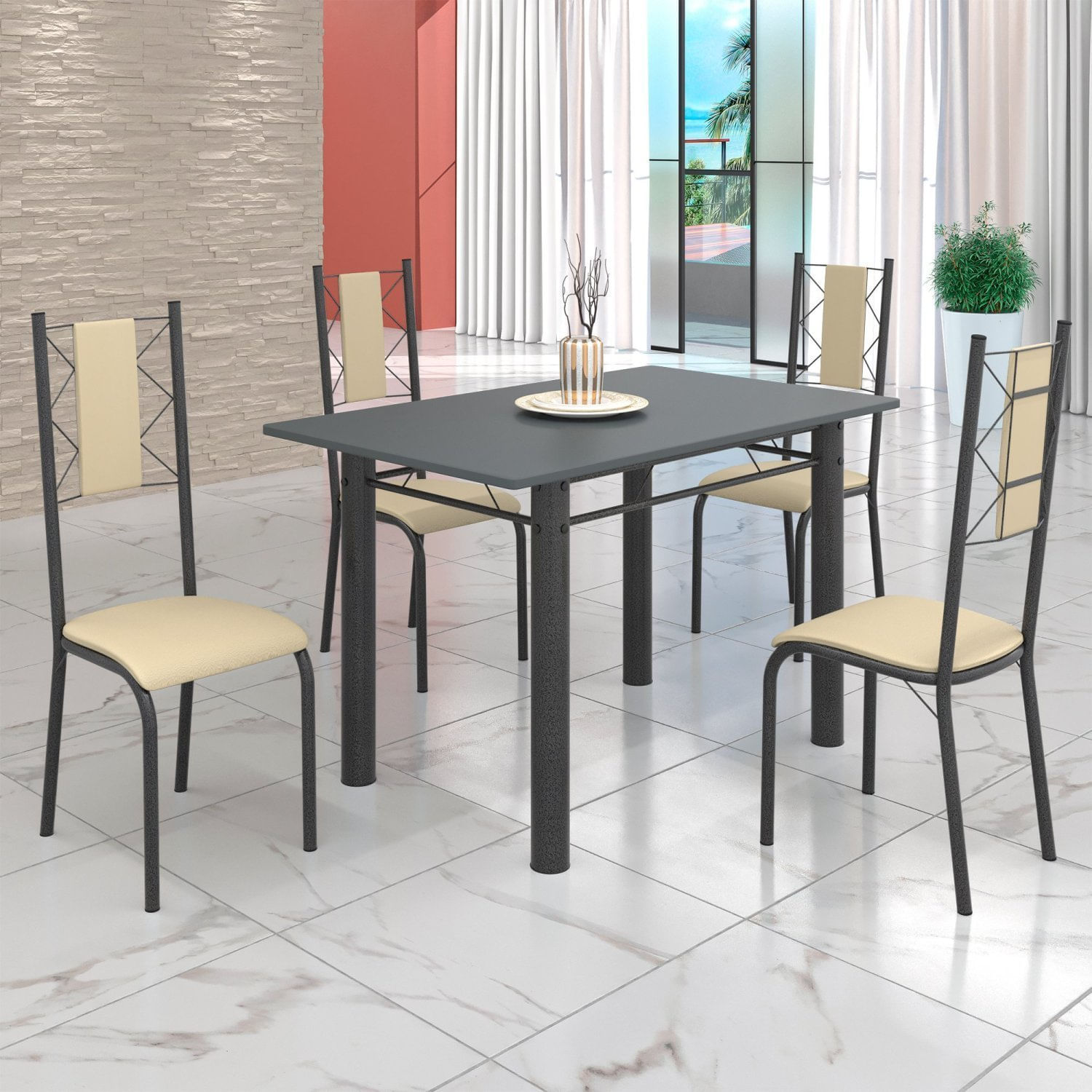 Conjunto Sala De Jantar Bahia Mesa Tubo 120x75cm Tampo Pedra Com 4 Cadeiras Prata Mart/creme