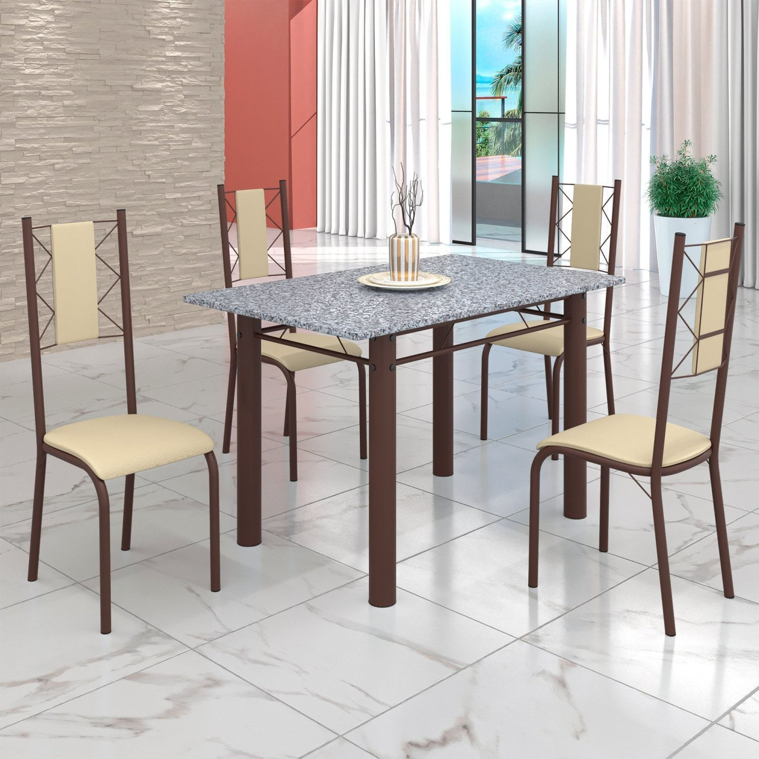 Conjunto Sala De Jantar Bahia Mesa Tubo 120x75cm Tampo Pedra Granito Ocre Com 4 Cadeiras Creme/marrom