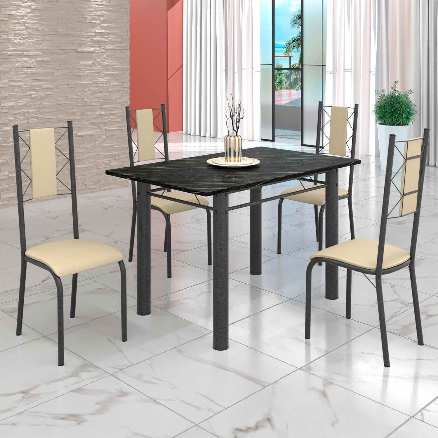 Conjunto Sala De Jantar Bahia Mesa Tubo 120x75cm Tampo Madeira Indiana Com 4 Cadeiras Prata Mart/creme