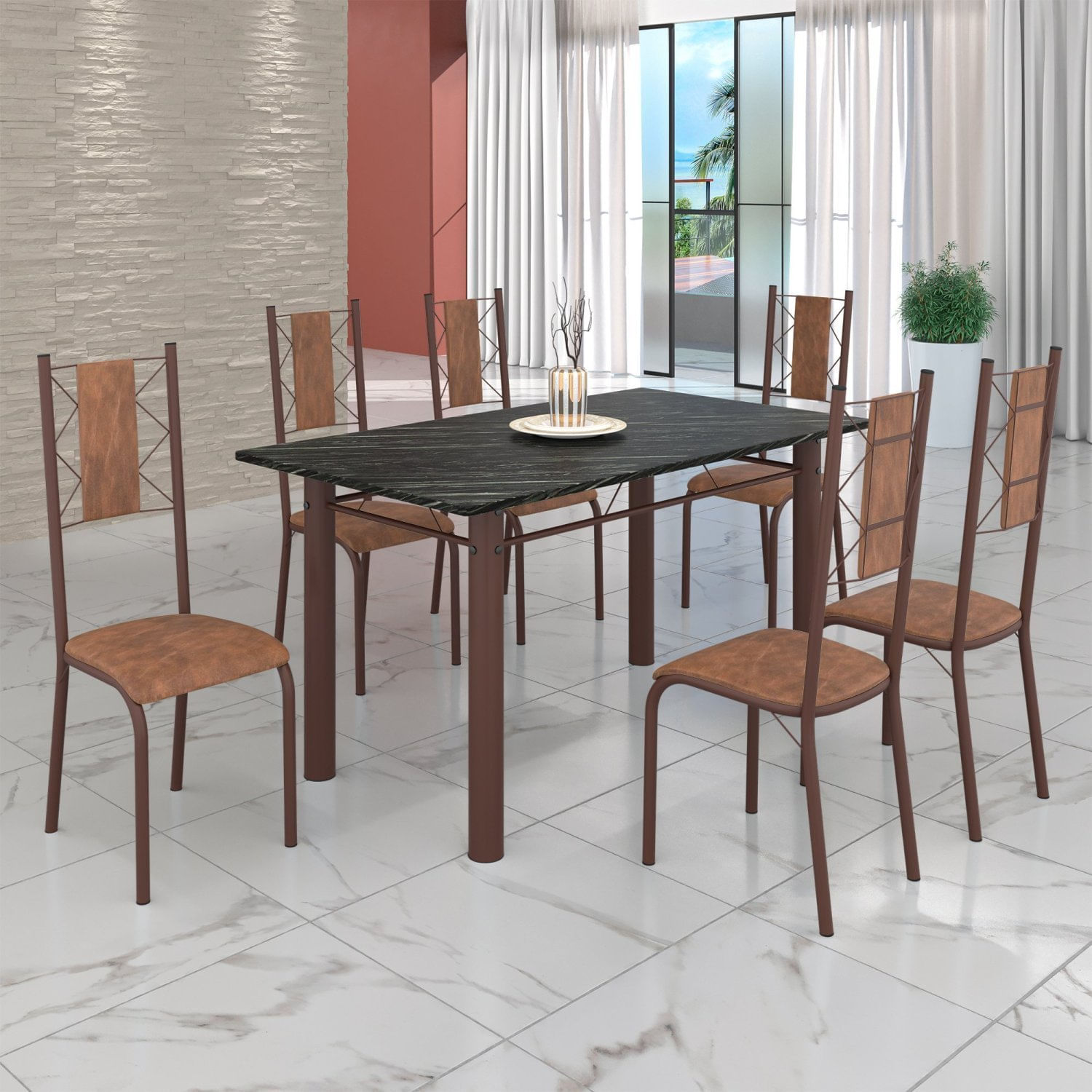 Conjunto Sala De Jantar Bahia Mesa Tubo 140x75cm Tampo Pedra Ardósia Indiana Com 6 Cadeiras Marrom