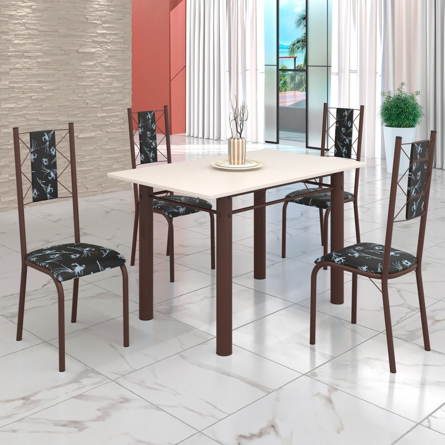 Conjunto Sala De Jantar Bahia Mesa Tubo 120x75cm Tampo Madeira Com 4 Cadeiras Marrom/preto Floral/off White