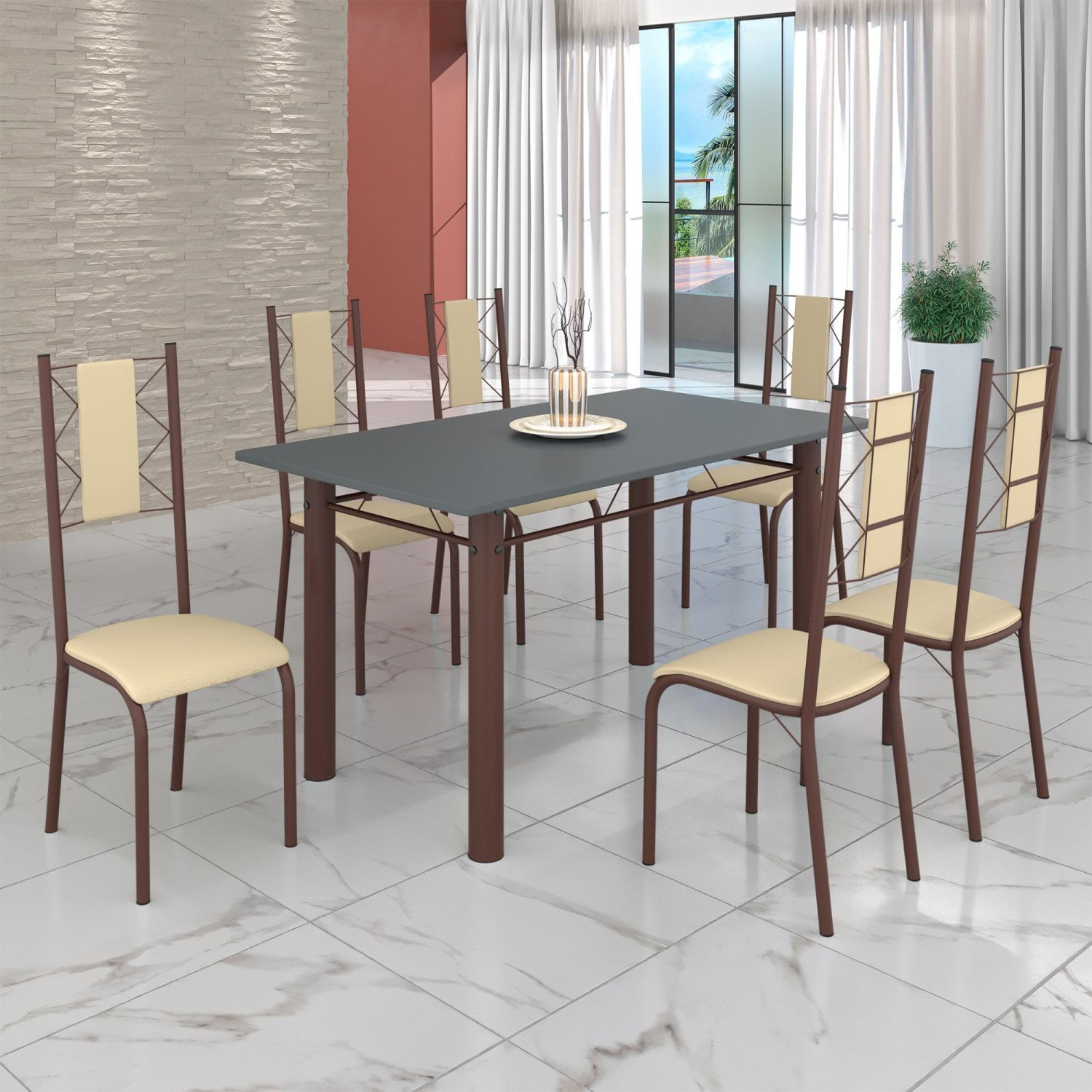 Conjunto Sala De Jantar Bahia Mesa Tubo 140x75cm Tampo Pedra Com 6 Cadeiras Marrom/creme