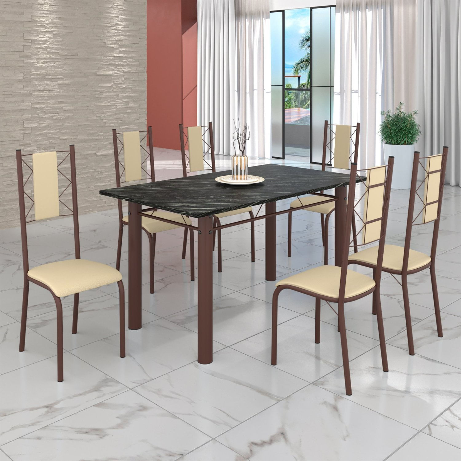 Conjunto Sala De Jantar Bahia Mesa Tubo 140x75cm Tampo Pedra Ardósia Indiana Com 6 Cadeiras Marrom/creme