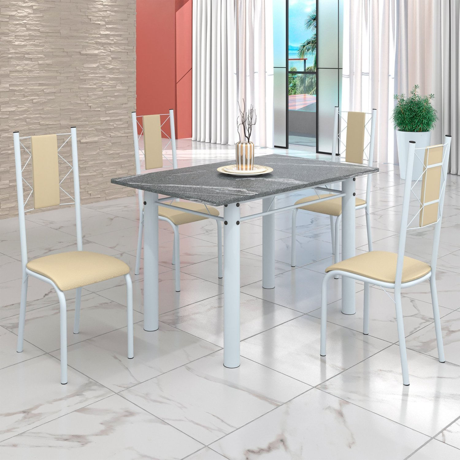 Conjunto Sala De Jantar Bahia Mesa Tubo 120x75cm Tampo Pedra Granito Topázio Com 4 Cadeiras Branco/creme