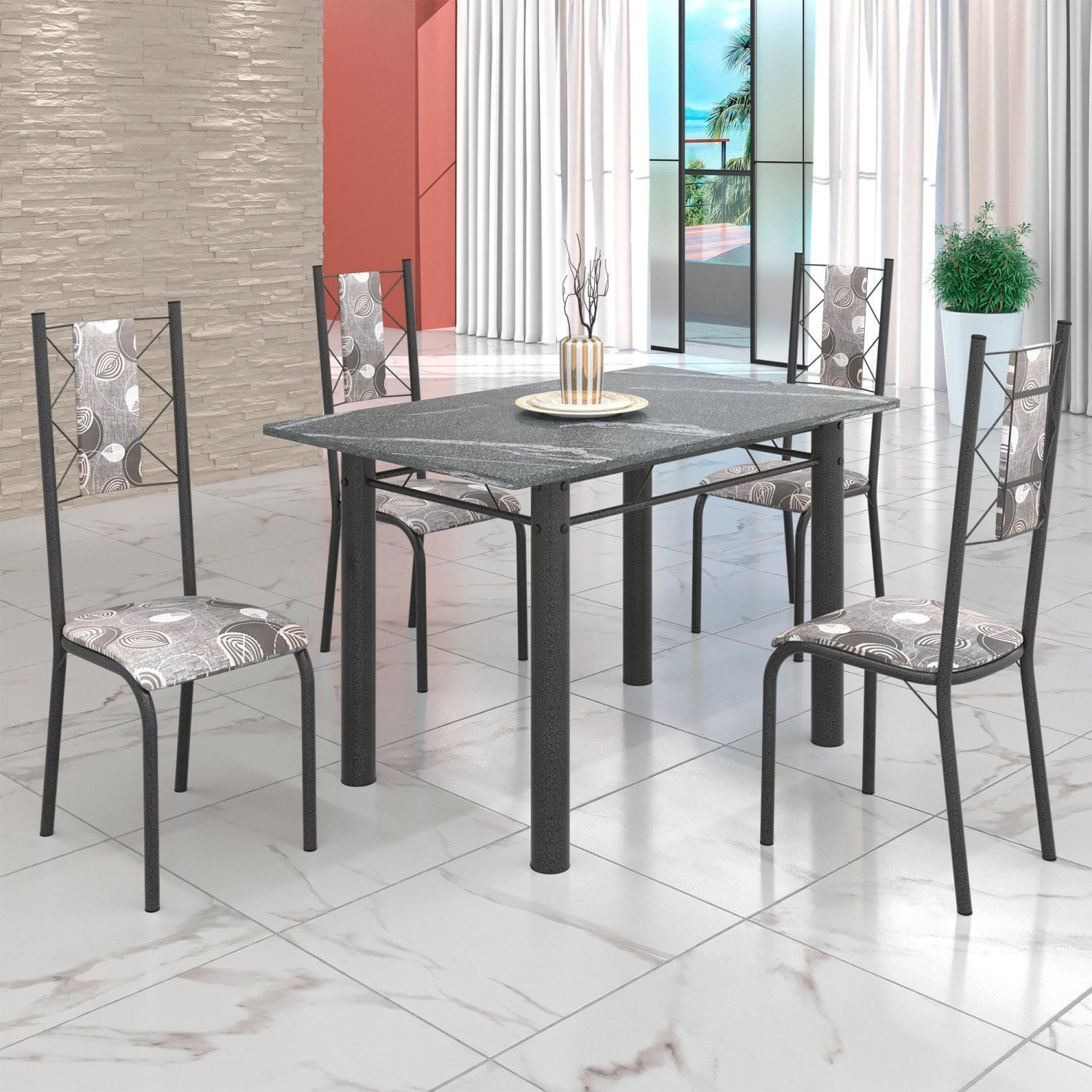 Conjunto Sala De Jantar Bahia Mesa Tubo 120x75cm Tampo Pedra Granito Topázio Com 4 Cadeiras Prata Mart/paraopeba