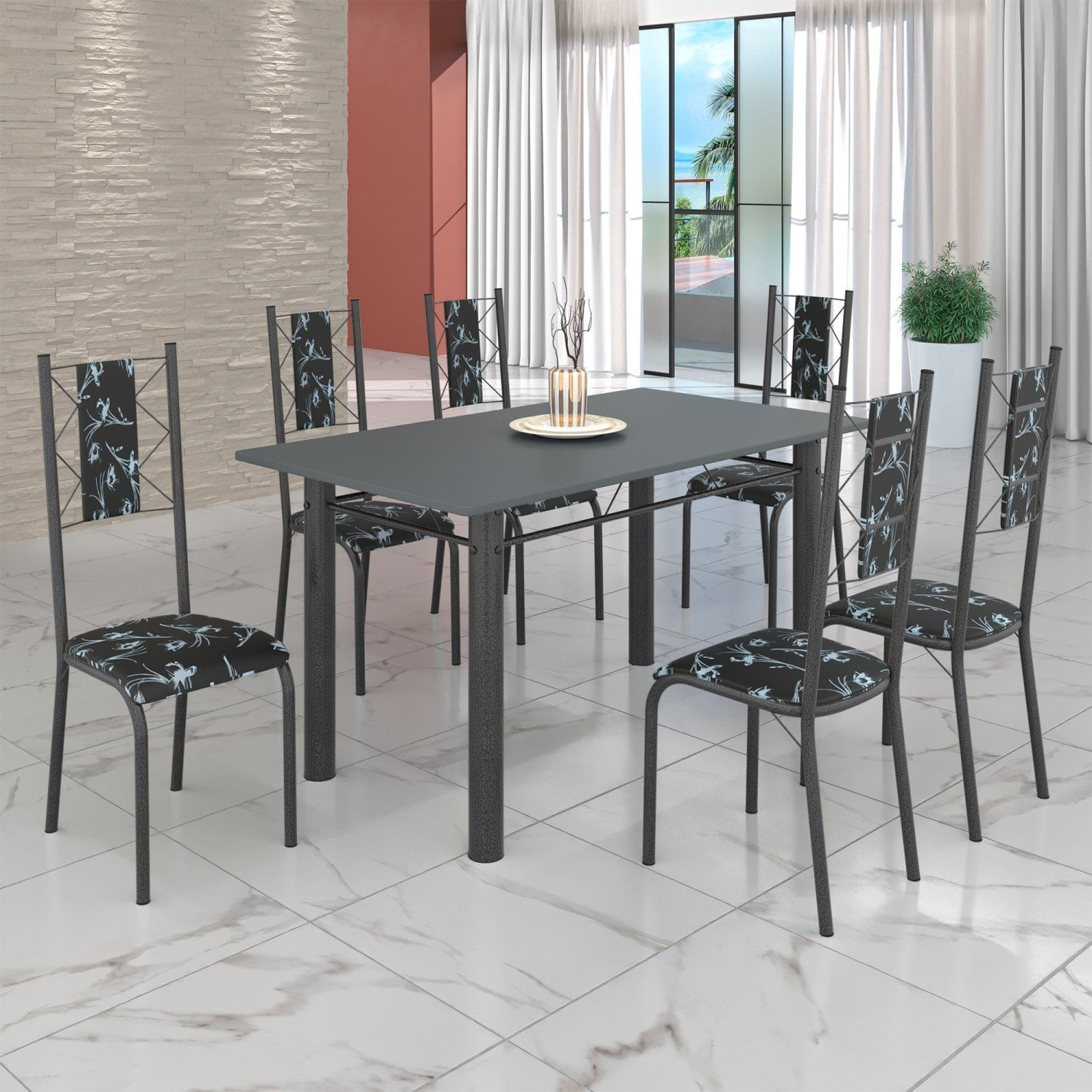 Conjunto Sala De Jantar Bahia Mesa Tubo 140x75cm Tampo Pedra Com 6 Cadeiras Prata Mart/preto Floral