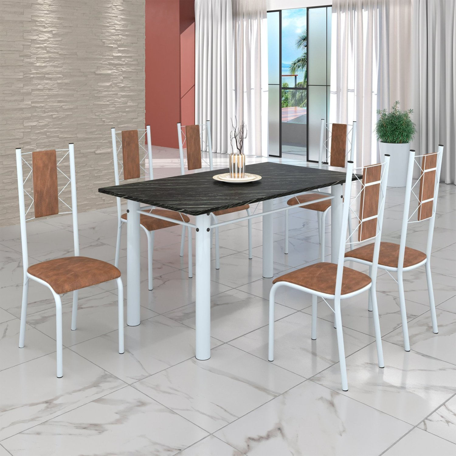 Conjunto Sala De Jantar Bahia Mesa Tubo 140x75cm Tampo Pedra Ardósia Indiana Com 6 Cadeiras Branco/marrom