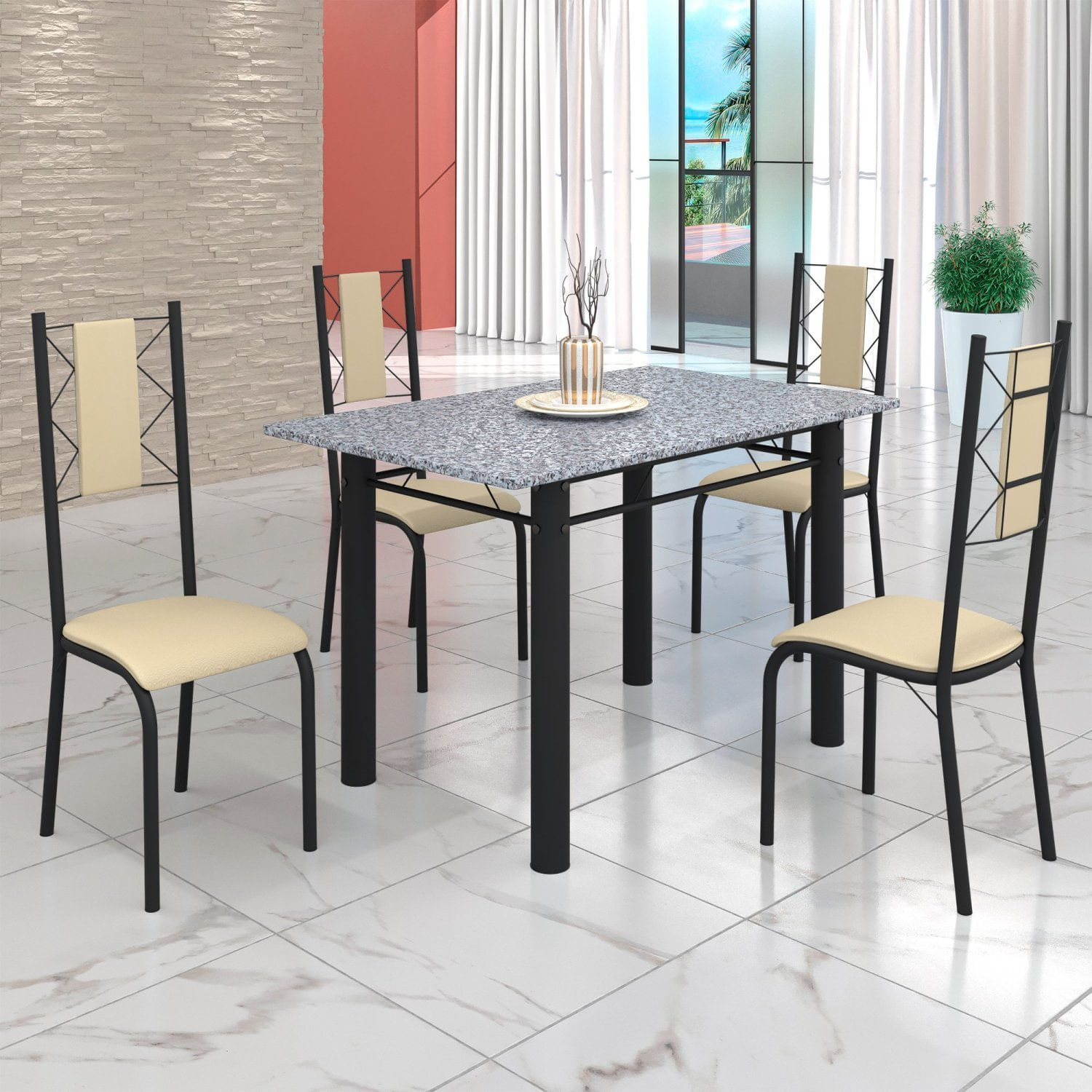 Conjunto Sala De Jantar Bahia Mesa Tubo 120x75cm Tampo Pedra Granito Ocre Com 4 Cadeiras Creme/preto
