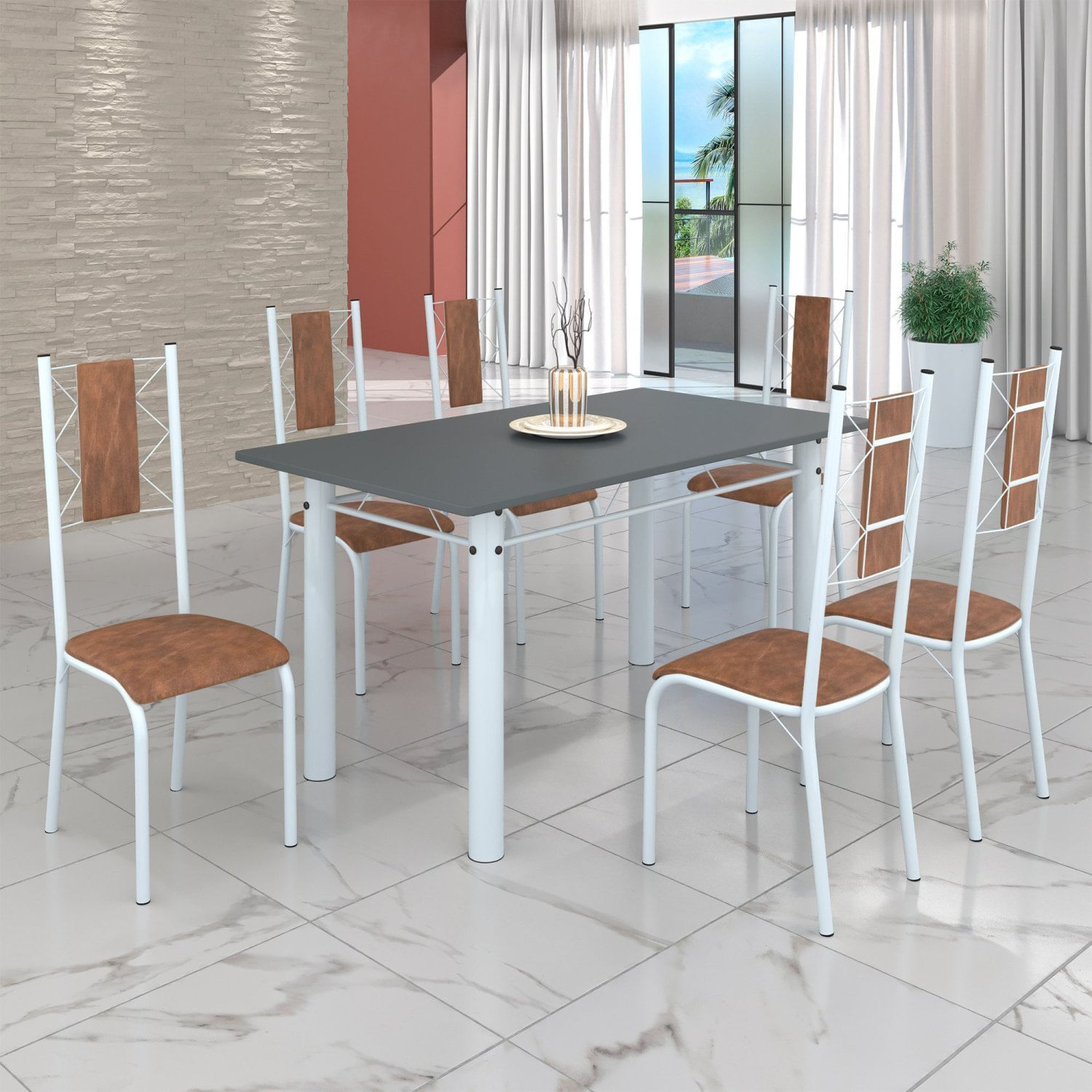 Conjunto Sala De Jantar Bahia Mesa Tubo 140x75cm Tampo Pedra Com 6 Cadeiras Branco/marrom