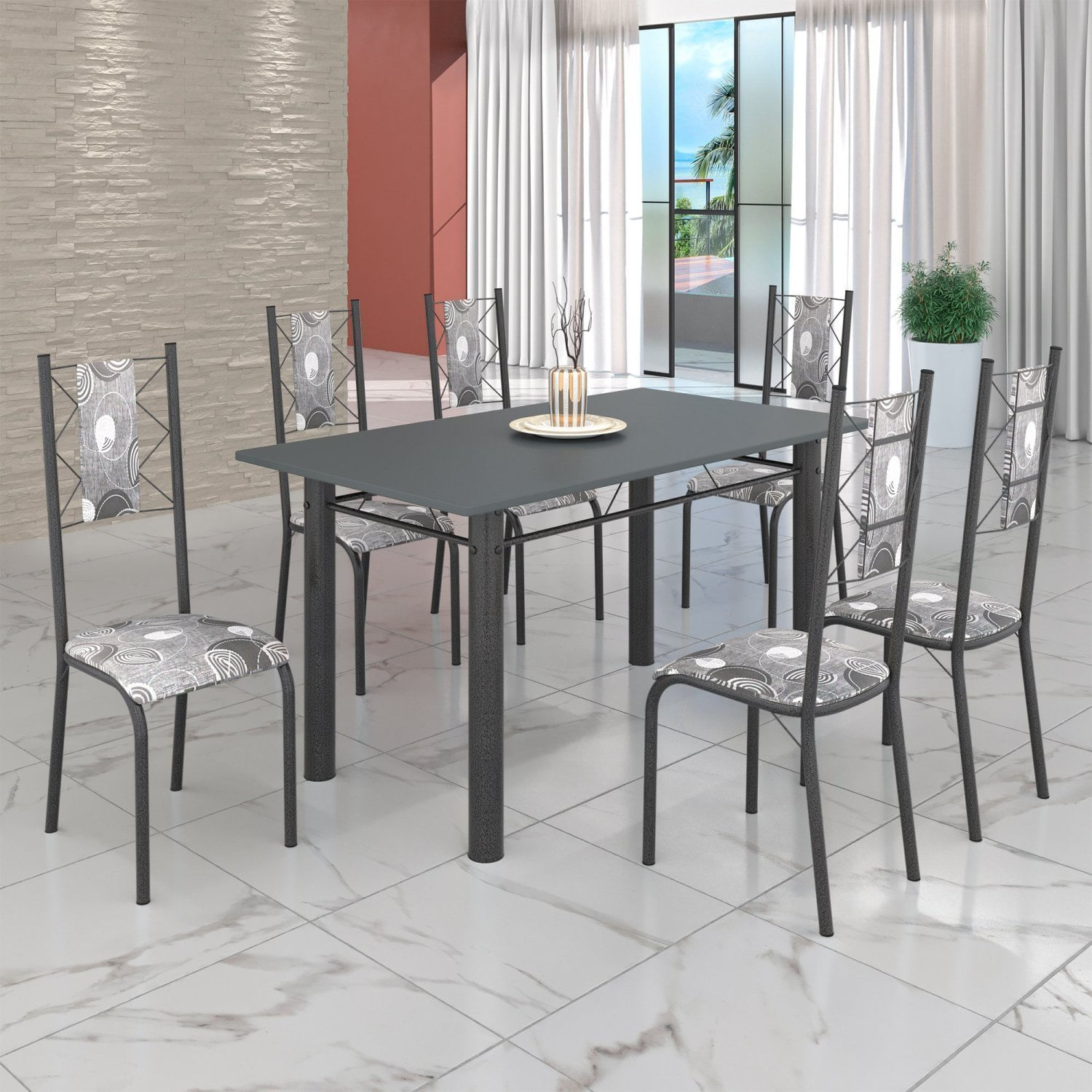 Conjunto Sala De Jantar Bahia Mesa Tubo 140x75cm Tampo Pedra Com 6 Cadeiras Prata Mart/paraopeba