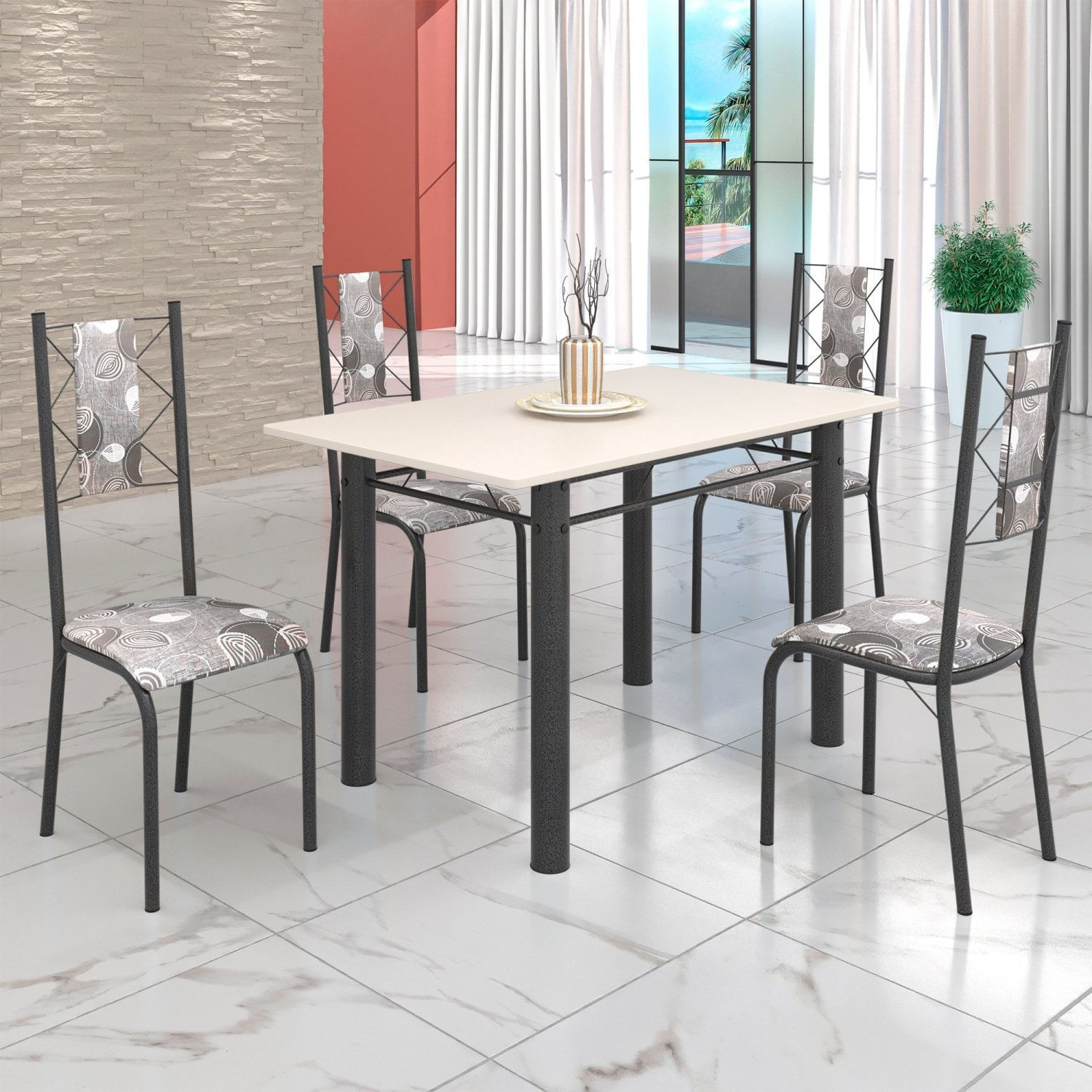 Conjunto Sala De Jantar Bahia Mesa Tubo 120x75cm Tampo Madeira Com 4 Cadeiras Prata Mart/paraopeba/off White