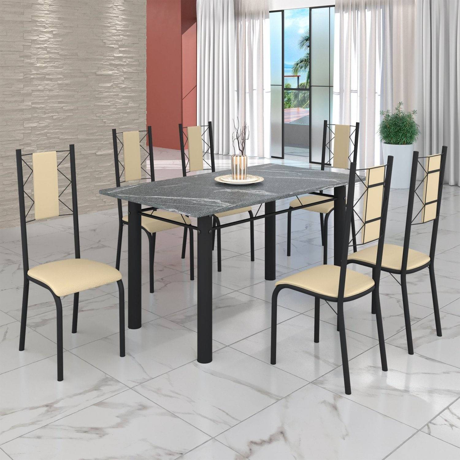 Conjunto Sala De Jantar Bahia Mesa Tubo 3" 140x75cm Tampo Pedra Granito Topázio Com 6 Cadeiras Preto/creme