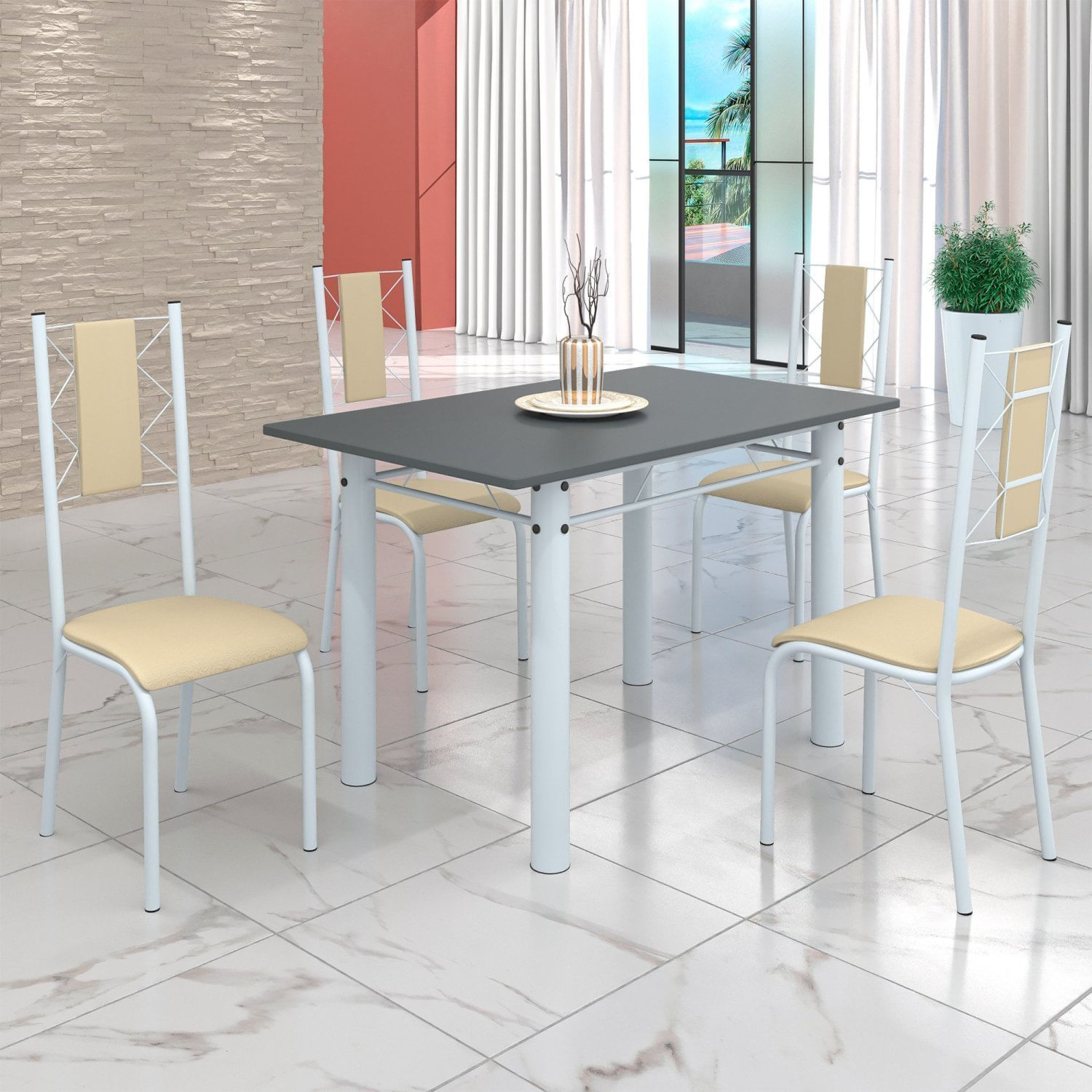 Conjunto Sala De Jantar Bahia Mesa Tubo 120x75cm Tampo Pedra Com 4 Cadeiras Branco/creme