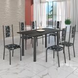 Conjunto Sala De Jantar Bahia Mesa Tubo 140x75cm Tampo Pedra Ardósia Indiana Com 6 Cadeiras Prata Mart/preto Floral