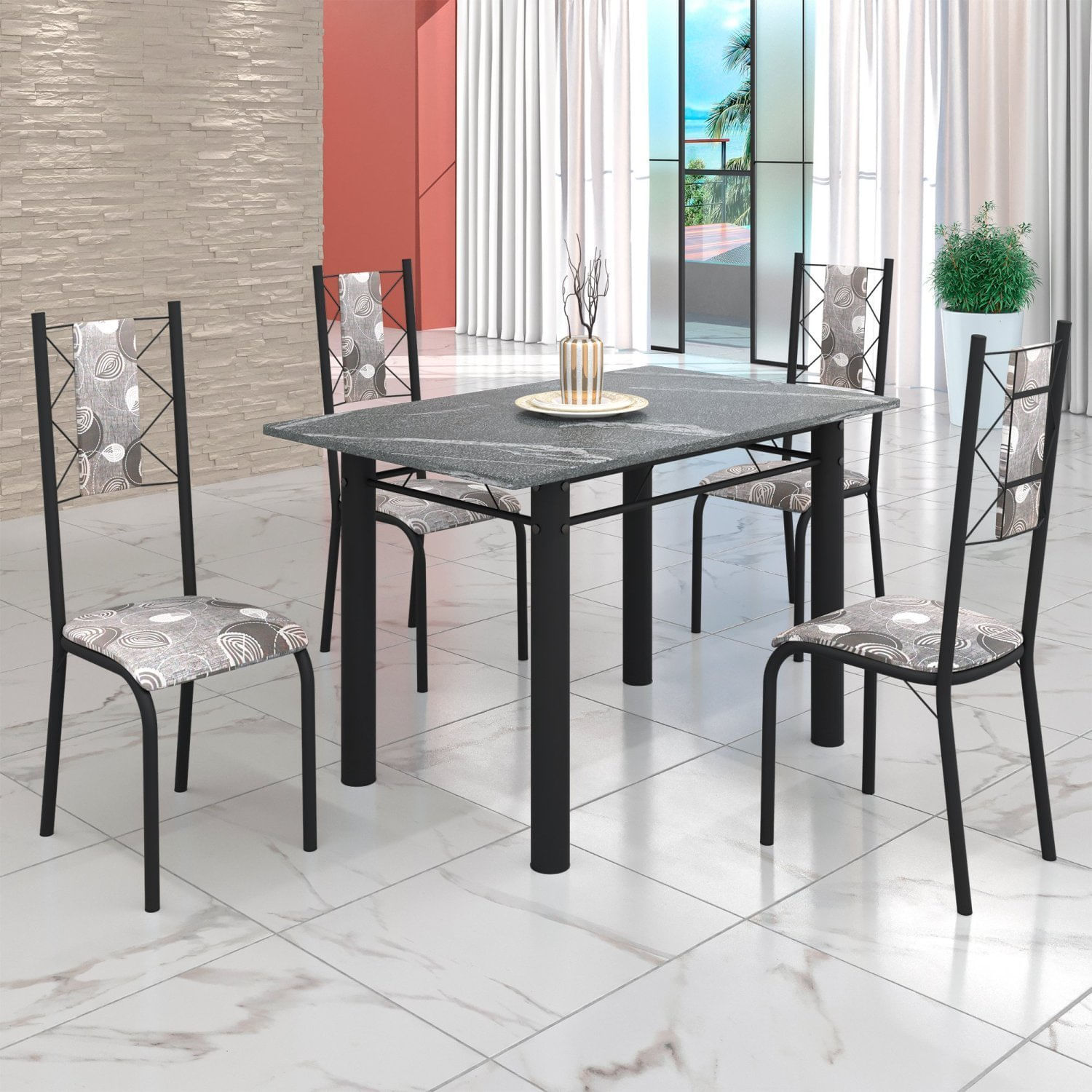 Conjunto Sala De Jantar Bahia Mesa Tubo 120x75cm Tampo Pedra Granito Topázio Com 4 Cadeiras Preto/paraopeba