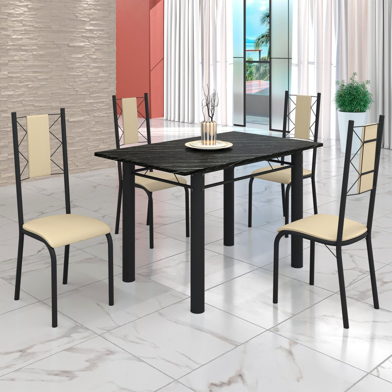 Conjunto Sala De Jantar Bahia Mesa Tubo 120x75cm Tampo Pedra Ardósia Indiana Com 4 Cadeiras Preto/creme
