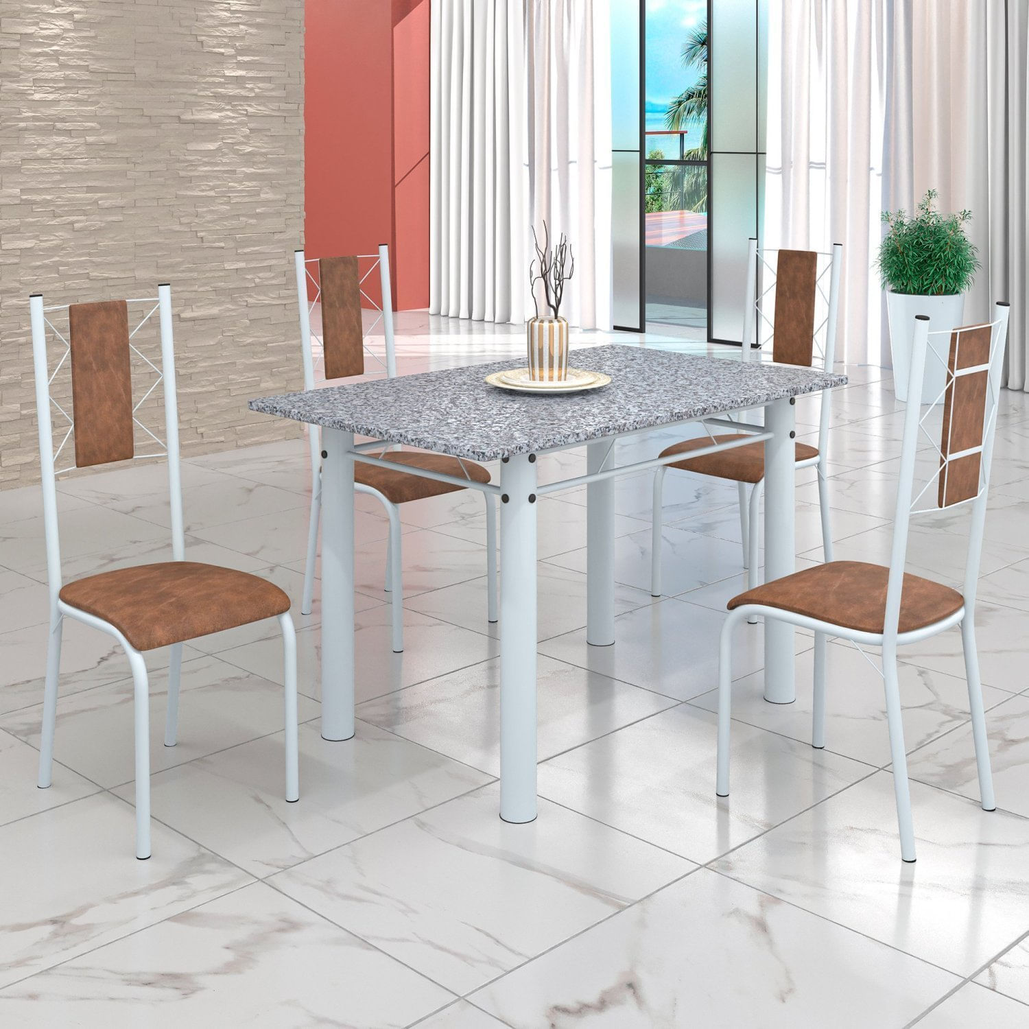 Conjunto Sala De Jantar Bahia Mesa Tubo 120x75cm Tampo Pedra Granito Ocre Com 4 Cadeiras Marrom/branco