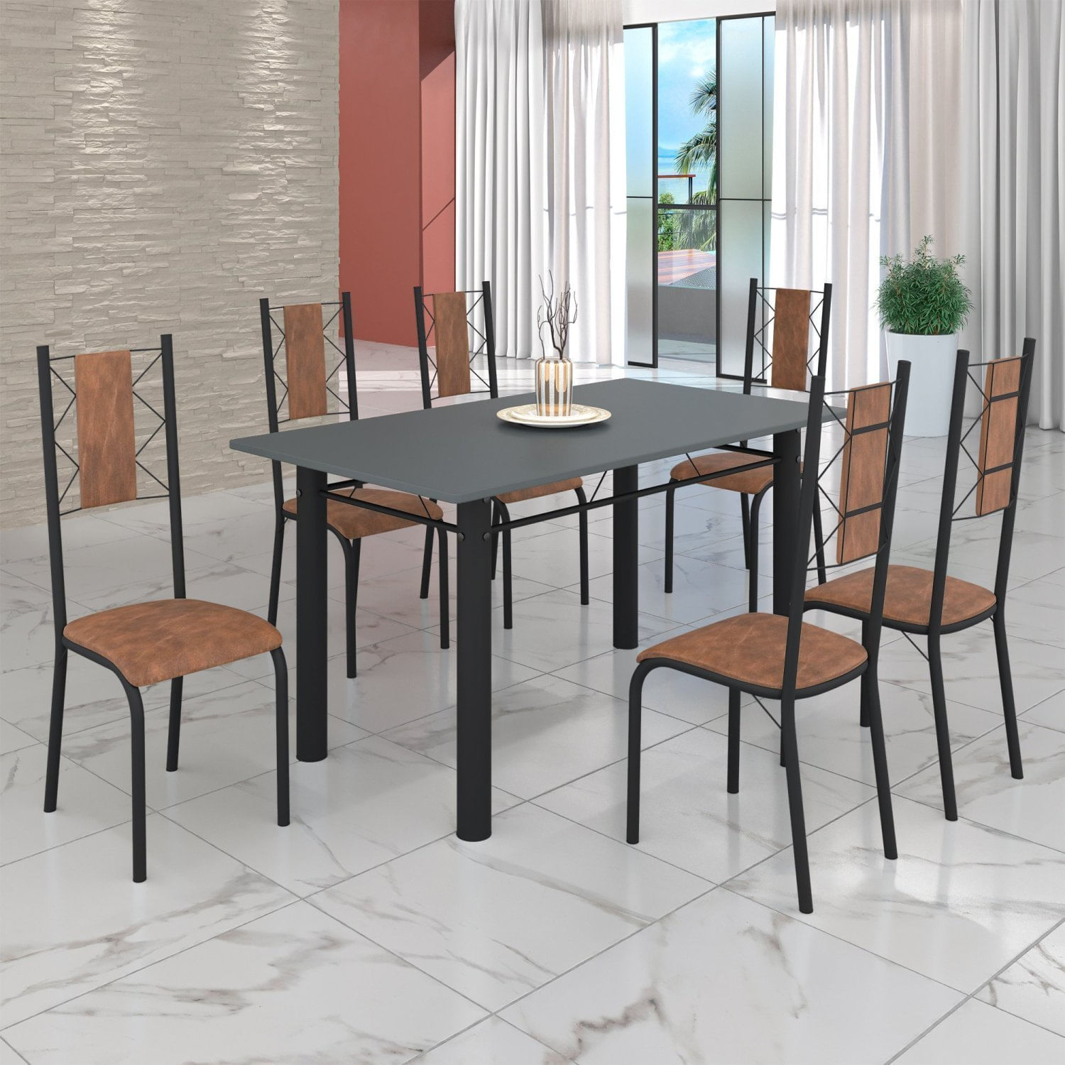 Conjunto Sala De Jantar Bahia Mesa Tubo 140x75cm Tampo Pedra Com 6 Cadeiras Preto/marrom