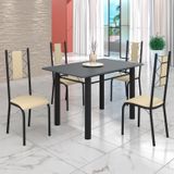 Conjunto Sala De Jantar Bahia Mesa Tubo 120x75cm Tampo Pedra Com 4 Cadeiras Preto/creme