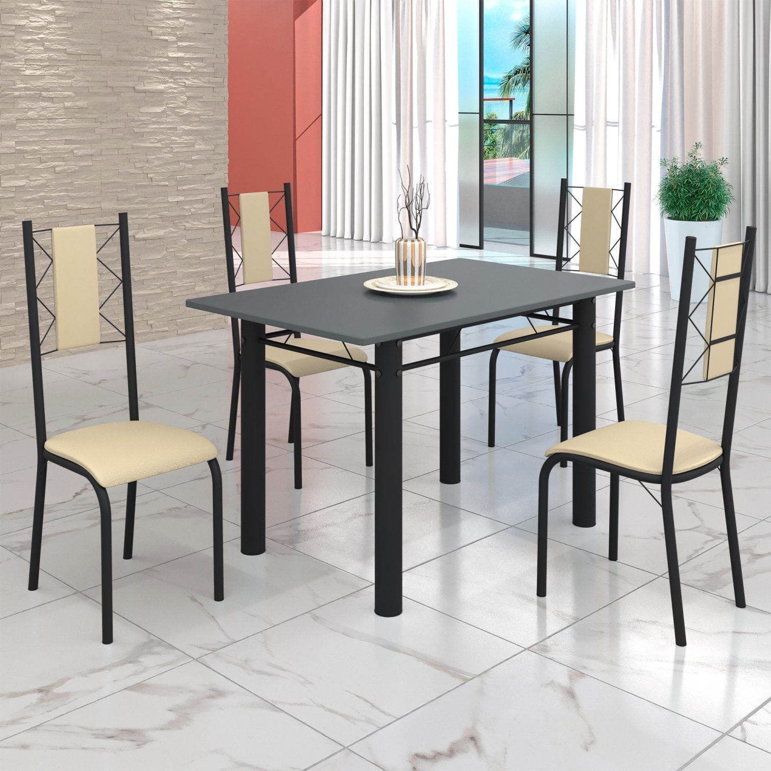 Conjunto Sala De Jantar Bahia Mesa Tubo 120x75cm Tampo Pedra Com 4 Cadeiras Preto/creme